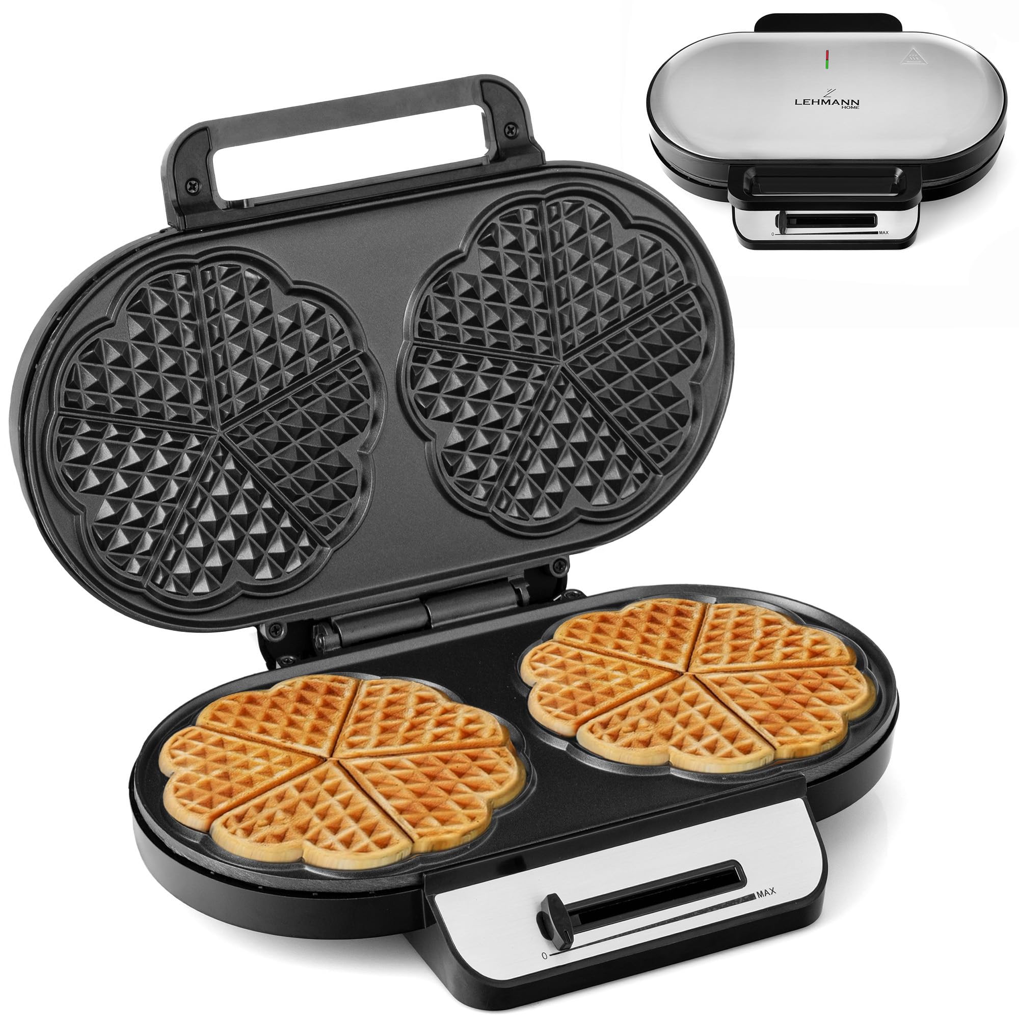 LEHMANN Gofrera Corazon Doble - Waffle Maker para 10 Gofres de Corazón Clásicos - Maquina de Gofres con 2 Superficies Antiadherentes - Control de Temperatura - 1200 W - Negro/Plateado