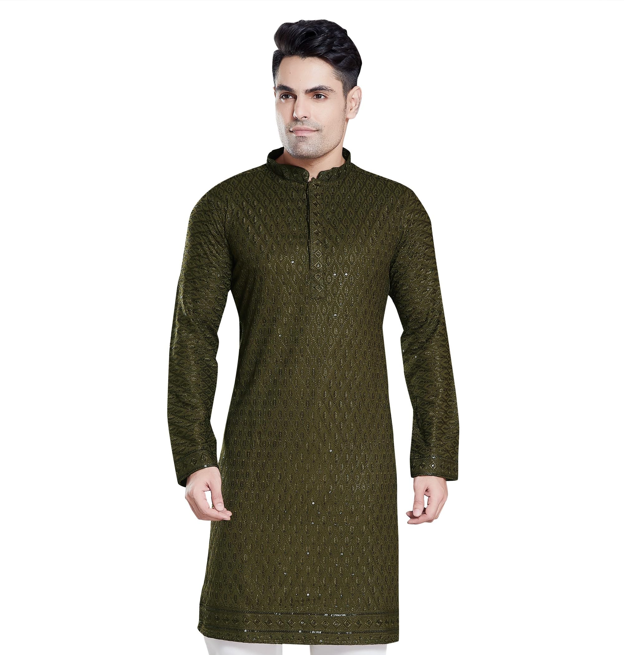 Divisive Men's Sequince Embroidered Cotton Blend Only Slim Fit Kurta (Dkrt118_Xl_Mehendi)
