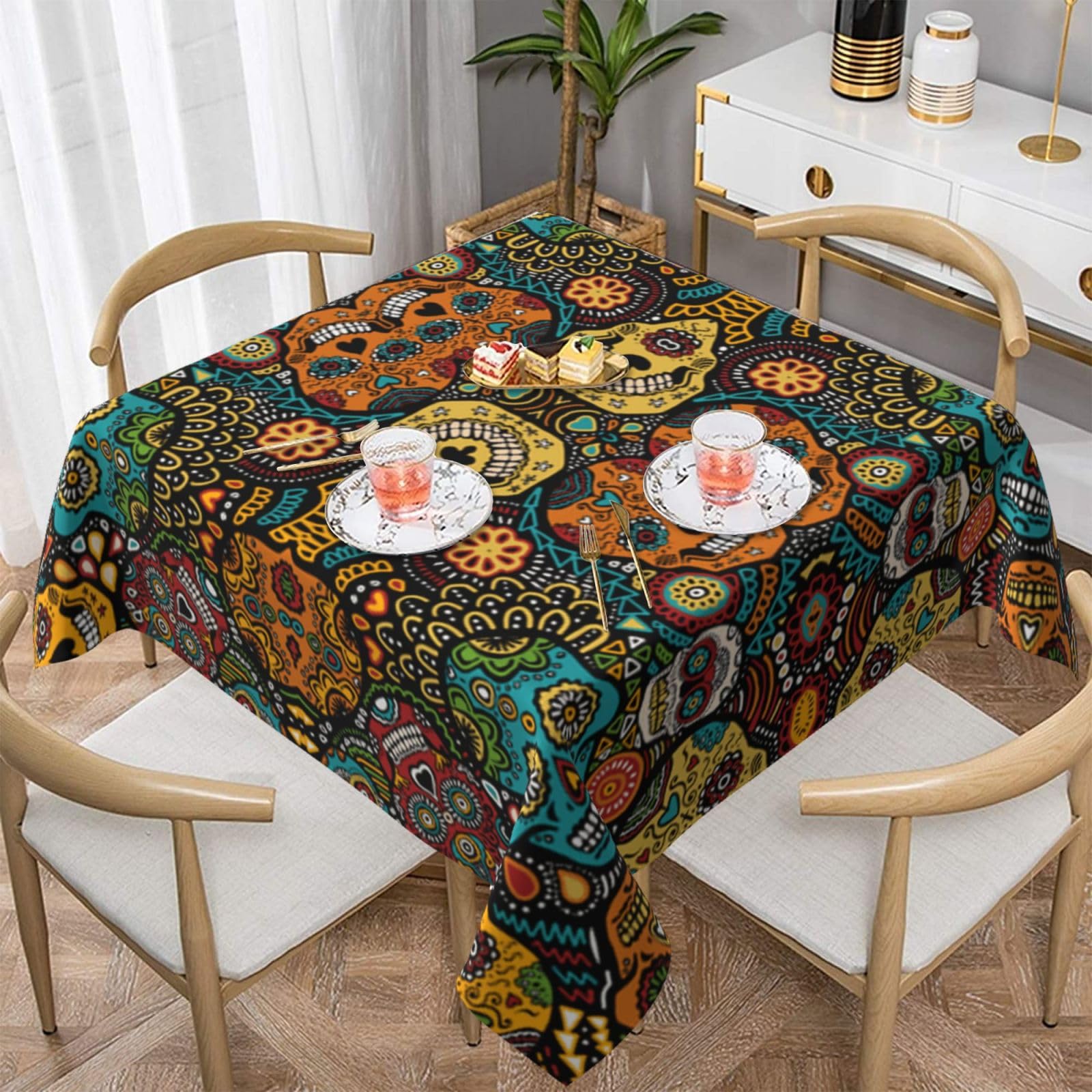 DCEHGEW Colorful Sugar Skulls Prints Square Tablecloth 152x152 CM, Waterproof Fabric Table Cloth for Dining Table, Farmhouse Table Cover for Kitchen Dining Tabletop Decoration