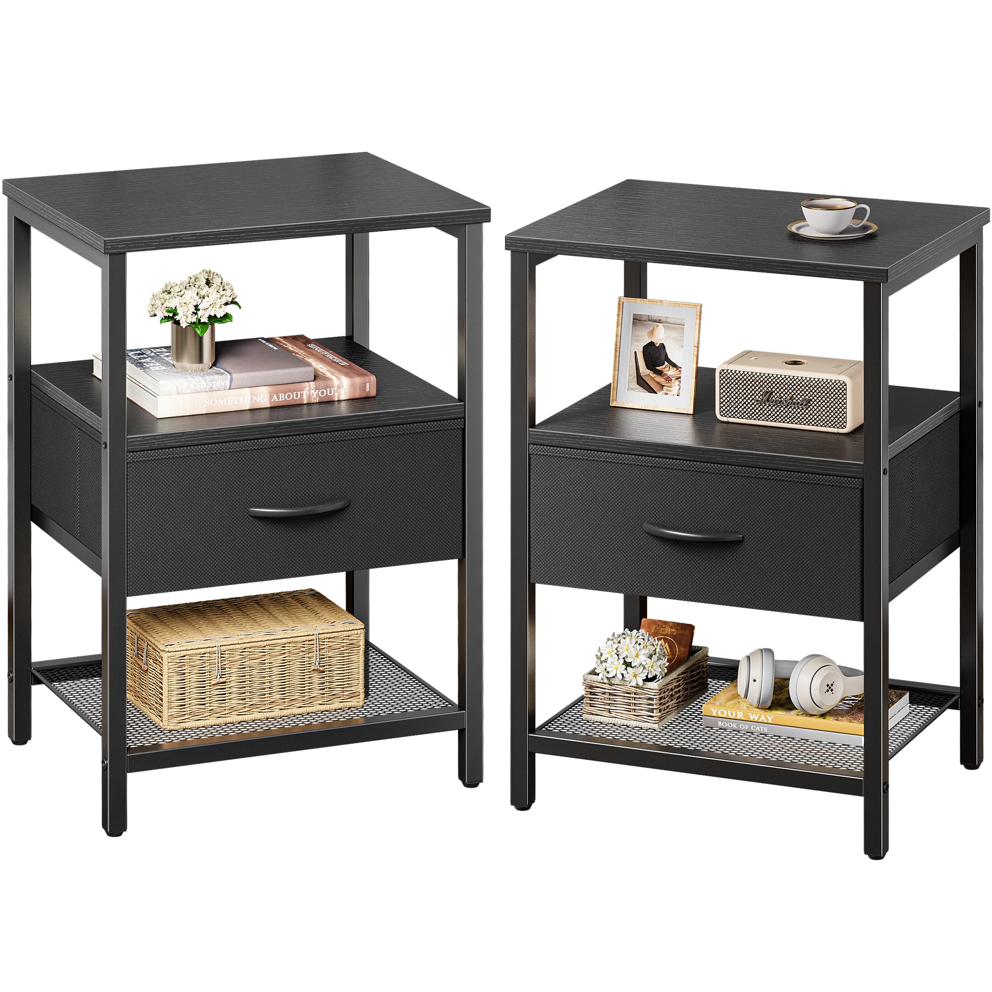 HuugerNightstand Set of 2, Night Stand with Fabric Drawer, Mesh Shelf, Side Table with Storage, Fabric Drawer Dresser, Open Shelf, Metal Frame, Bedroom, Black