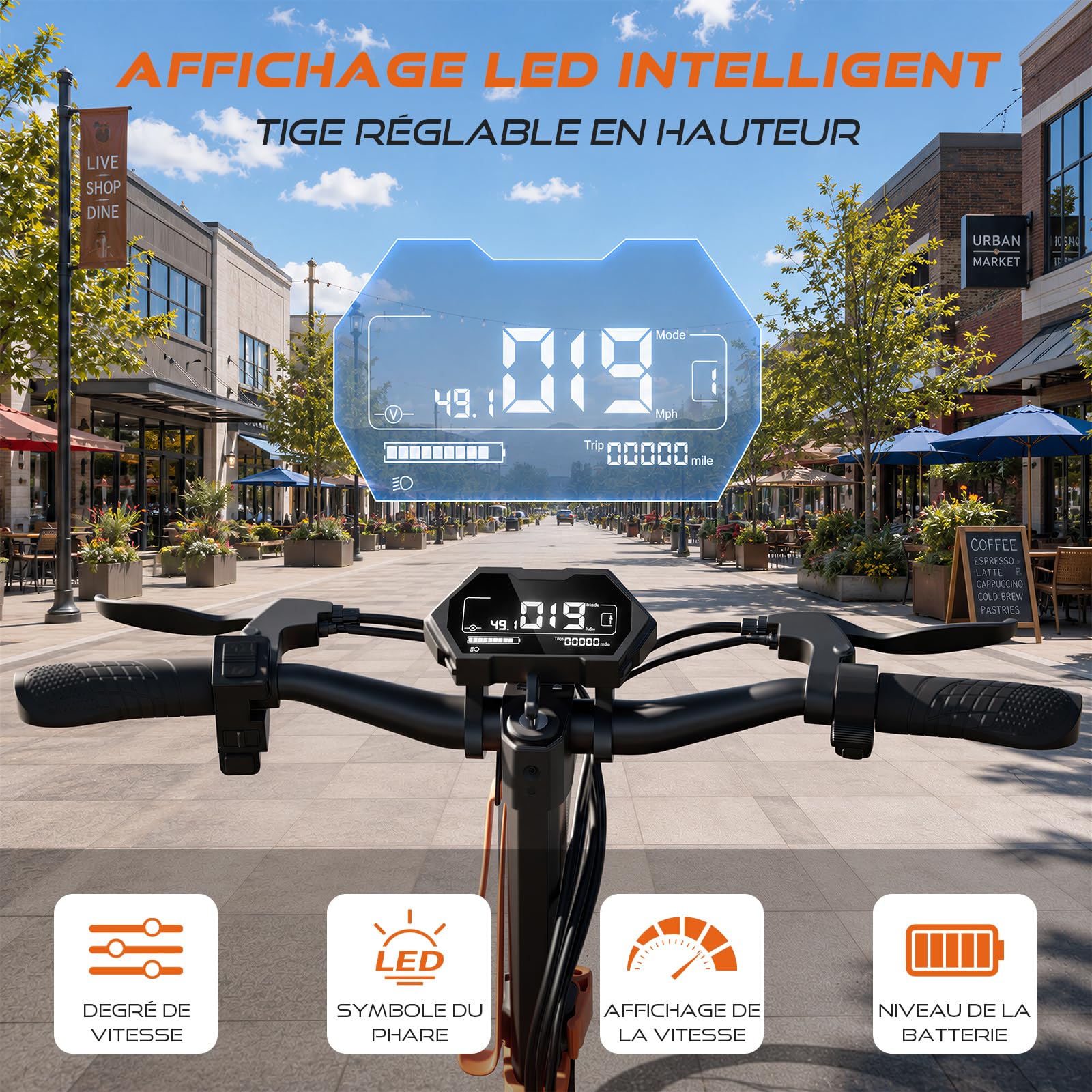 RT6 Trottinette Électrique, Autonomie Max 50KM, Batterie 48V 15.6Ah, Pneus Tout-Terrain 10 Pouces, 3 Mode de Vitesse, Affichage Intelligent, Facile à Plier