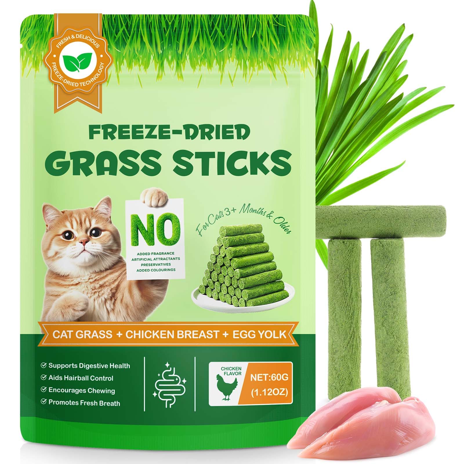 Freeze-Dried Cat Grass Sticks for Teething, High Meat Content Hairball Control & Dental Health Chews, Grain-Free Cat Treats with Chicken & Egg Yolk