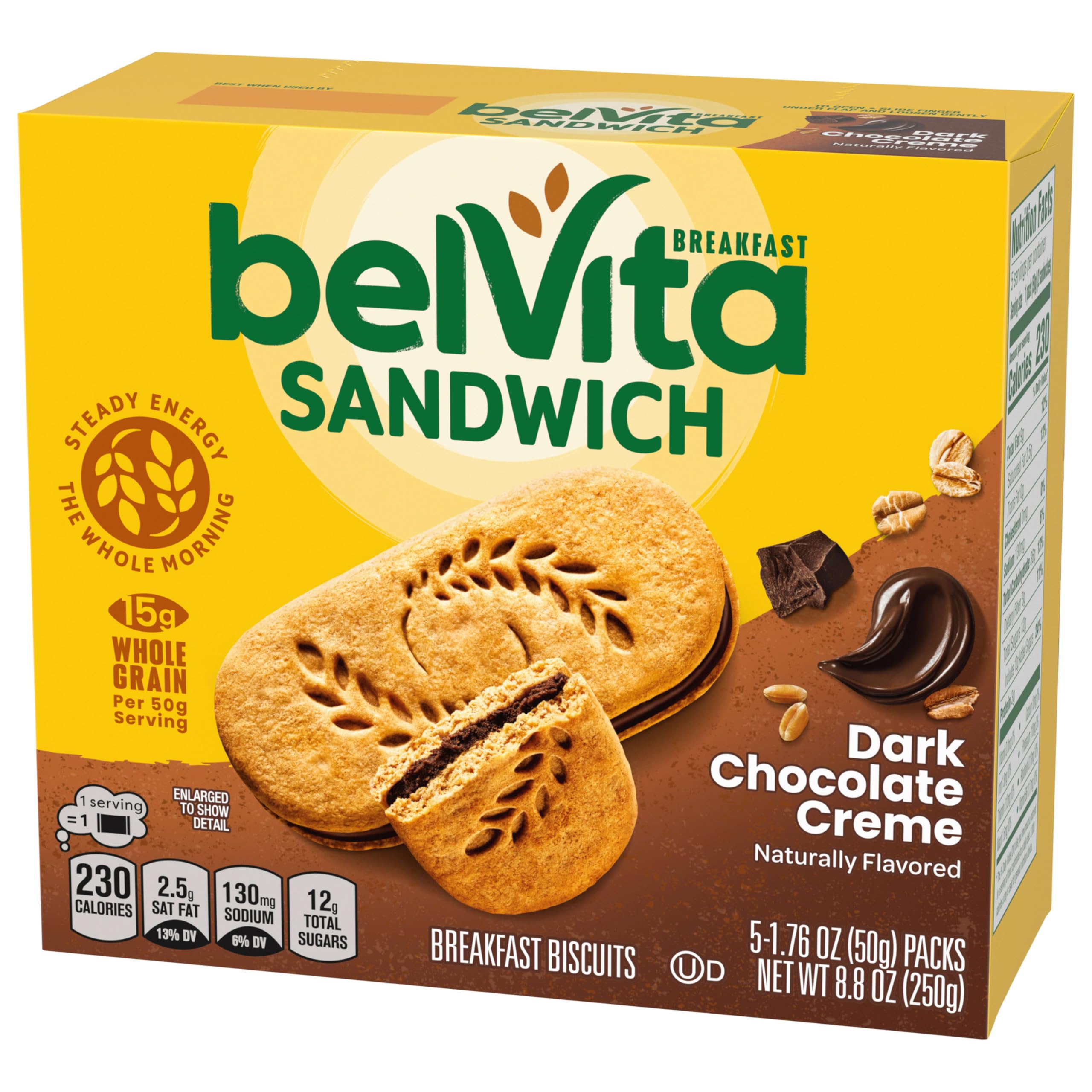 belVita Breakfast Sandwich - Galletas de desayuno con crema de chocolate negro, 30 paquetes, 6 cajas (2 sándwiches por paquete)