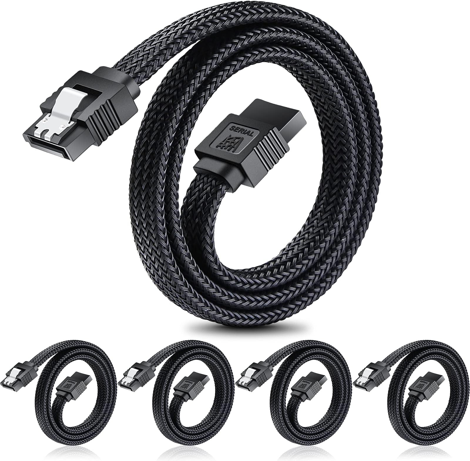 ELECTOP SATA III Cable, 6Gbps Straight HDD SDD Data Cable, SATA 3.0 Nylon Braided with Locking Latch for HDD, SSD, CD Driver, CD Writer(20 Inch, Black,5 Pack)