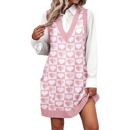 Zeagoo Womens Sweater Vest Dress Pattern Knitted Pullovers Sweaters V Neck Tank Sweater Dress with Pockets