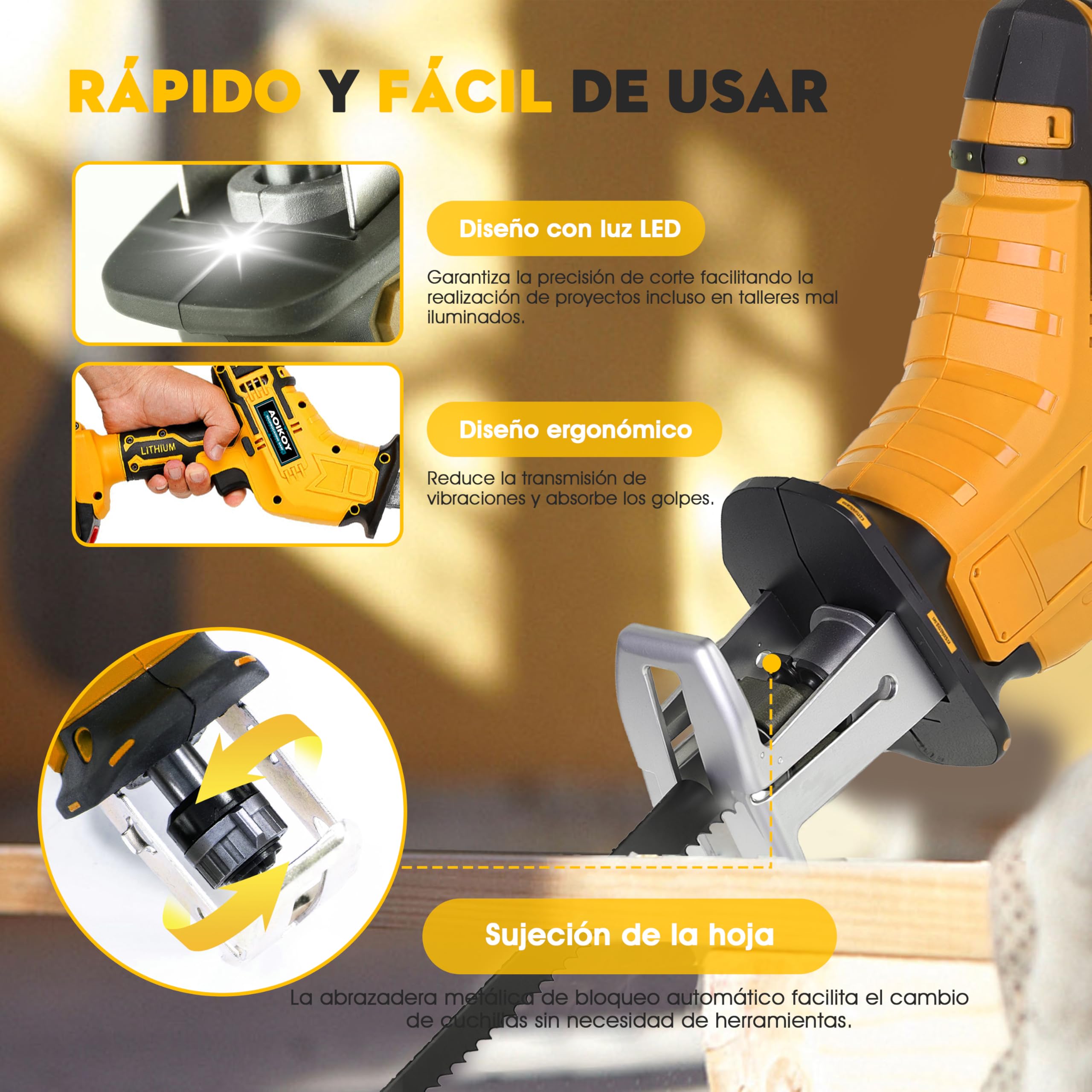 Sierra Sable Sin Cable para Dewalt 21V, Segadora Alternativa Sin Escobillas con 4 Hojas, Velocidad Ajustable 0-2500 RPM para Corte de Madera/Metal/PVC (Sin Batería)