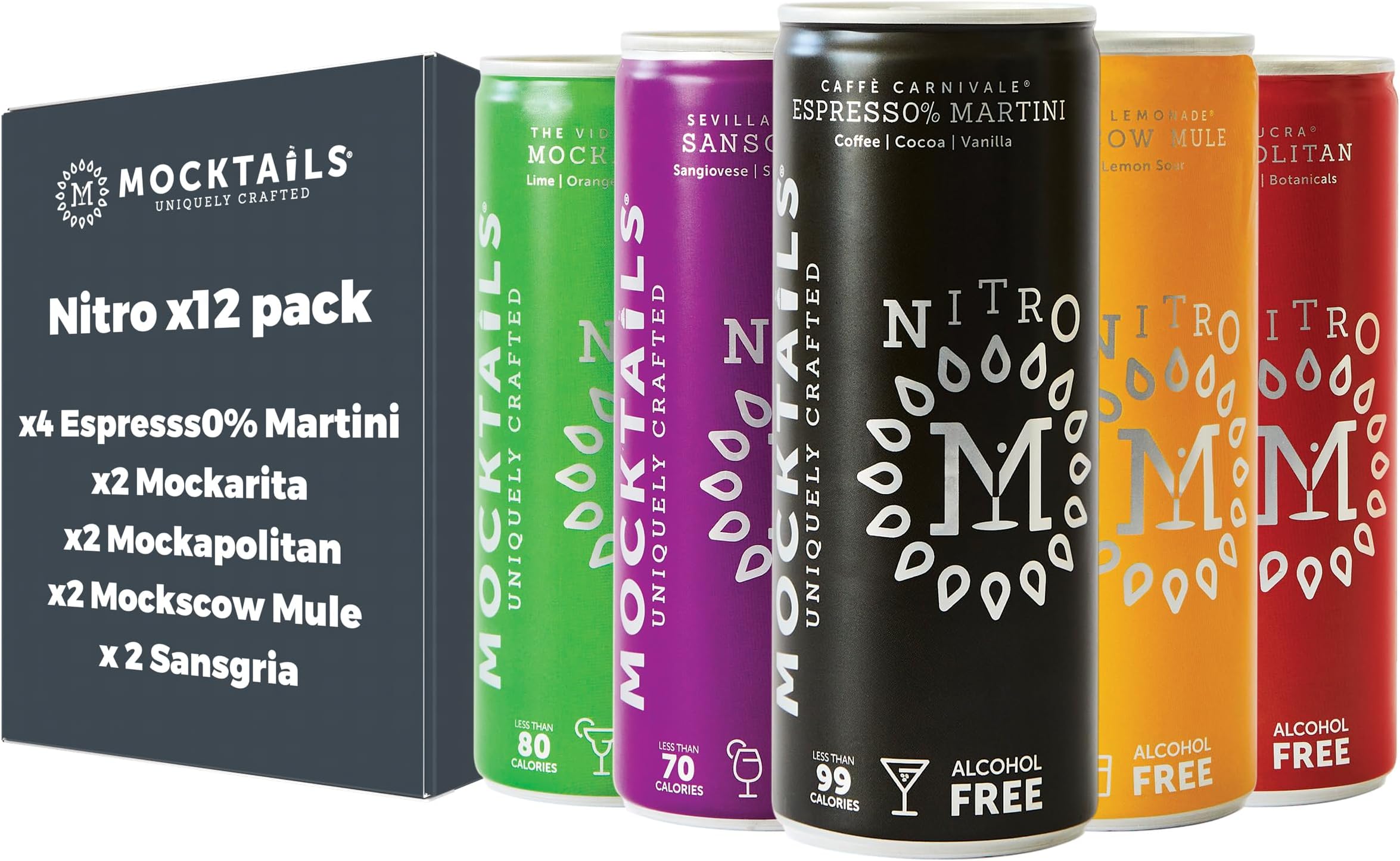– Uniquely crafted, non-alcoholic cocktails. Pack of x4 Espresso Martini, x2 Margarita, x2 Moscow Mule, x2 Cosmo and x2 Sangria. Naturally sourced, nitro charged, ready-to-drink mocktail | 12 x 200ml