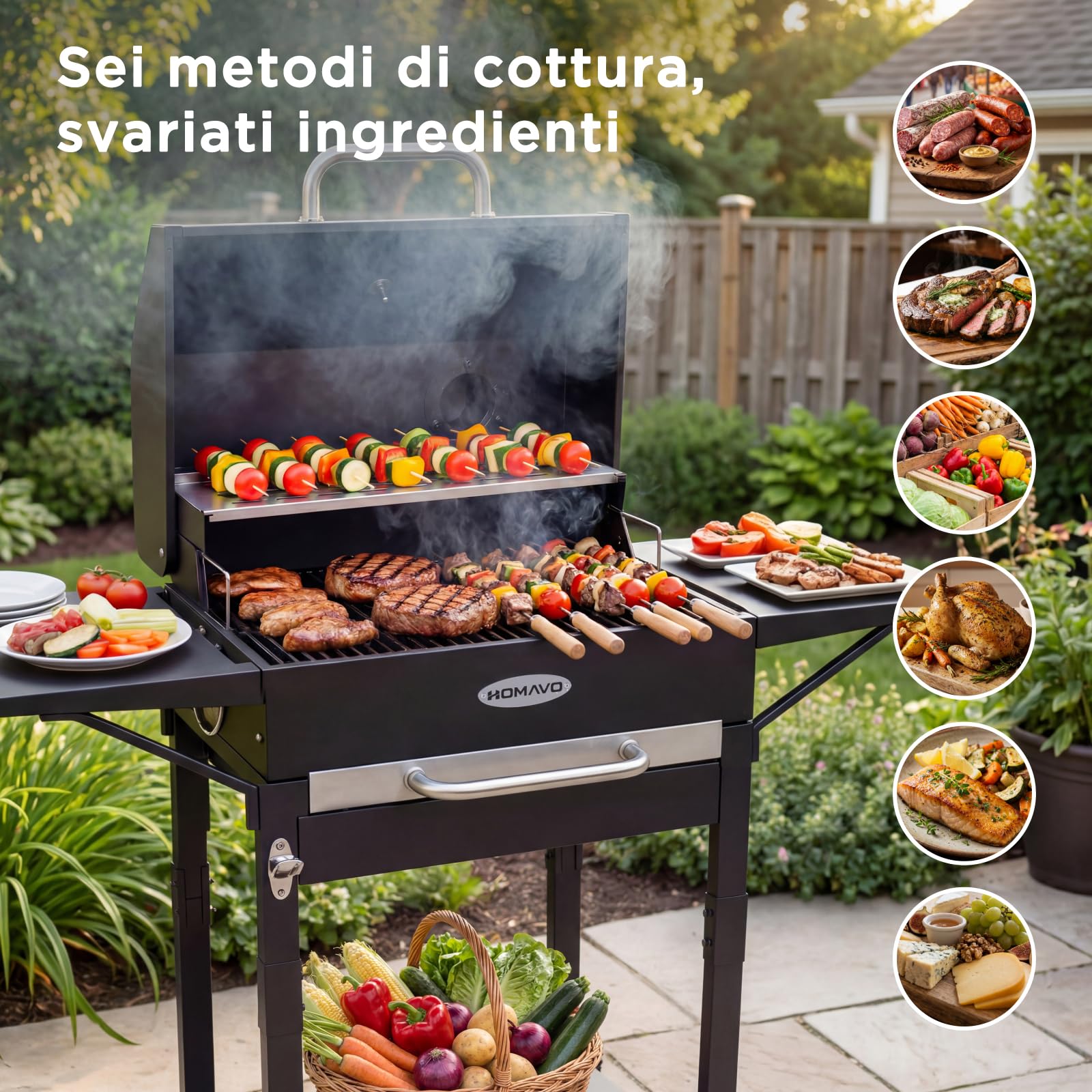 Barbecue a Carbonella, Barbecue con Coperchio, Superficie Cottura: 45×32 cm, Vassoio Carbone Regolabile in Altezza, Tavolino Laterale