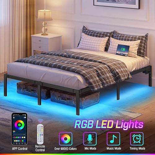 Miniatura 5 de Rolanstar Base de cama con estación de carga USB, marco de cama matrimonial con luces LED, marco de cama de plataforma con listones de acero