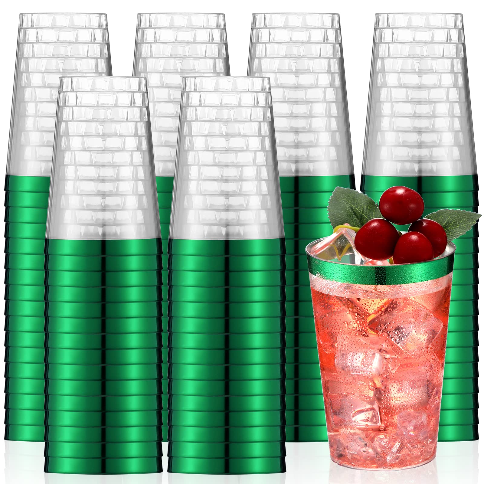 Patelai 100 Pcs Green Plastic Cups 12 oz Clear Disposable Cups with Green Rim Plastic Wine Cocktail Glasses Drinking Tumblers for Wedding Birthday
