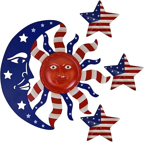 Decoración de pared de sol, 4 piezas de decoración grande de sol, luna, estrella, escultura de pared, bandera estadounidense, decoración para colgar