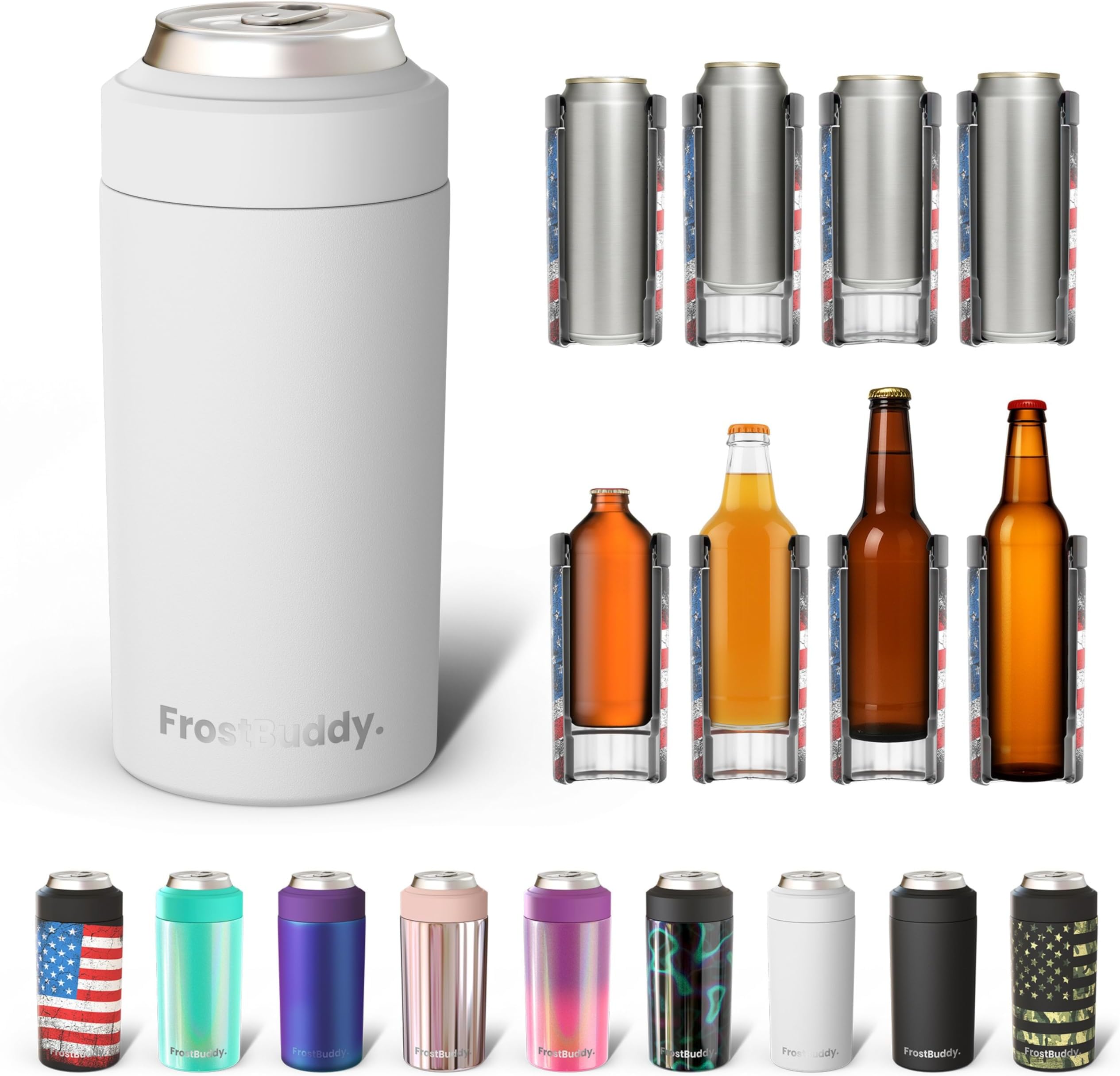 Frost Buddy Universal Buddy Can Cooler - Fits All - For Regular 12 & 16 oz or Slim-Size Bottles - Insulated Double -Walled Stainless Steel (All white)