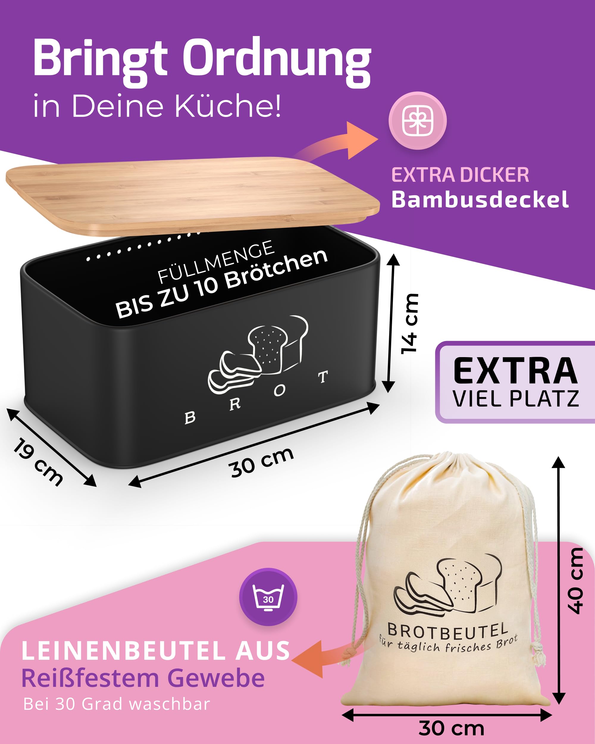 Brotkasten Schwarz – Brotbox mit Bambusdeckel als Schneidebrett [2in1 Brotbehälter]- inklusive gratis Brotbeutel Leinen - perfekte Brotaufbewahrung für lange Frische- Premium Brot Aufbewahrungsbox