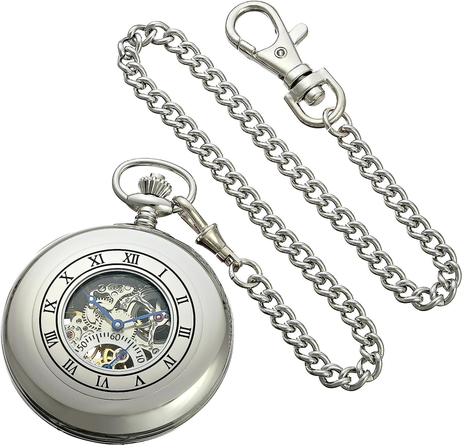 Charles Hubert 3972-W Men's Pocket Watch, Mechanical Hand Winding, Skeleton, Silver