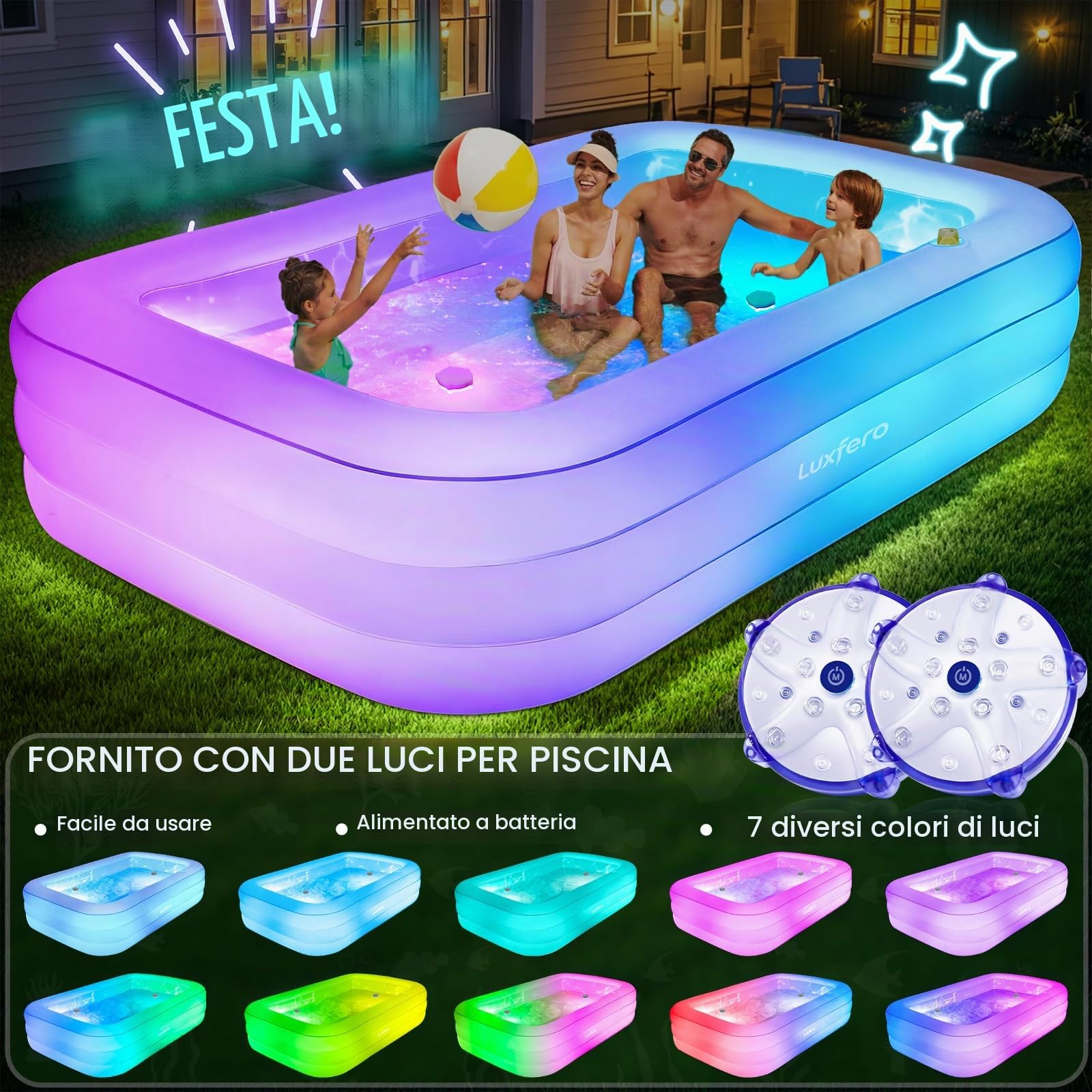 Luxfero Piscina Gonfiabile con Sedile e Luci, 280x160x50 cm Piscina Gonfiabile per Adulti, 1400L Addensato Piscina Gonfiabile Grande, Piscine Gonfiabili per Giardino all'aperto