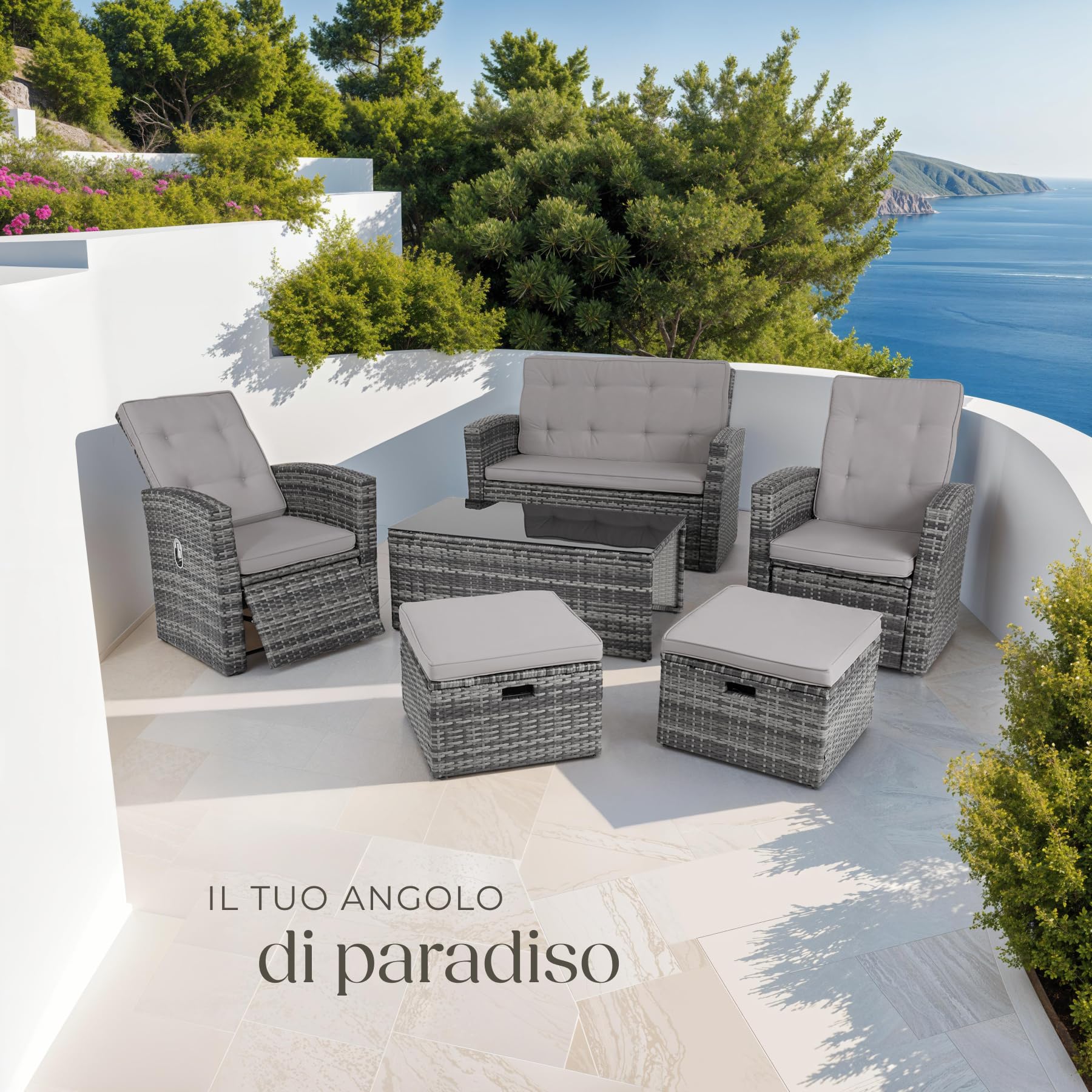 tectake® Set Salotto da Giardino Esterno in Rattan Bari, Telaio in Alluminio, Divano da Esterno e Poltrone da Giardino Regolabili, Imbottiture Idrorepellenti, Tavolo da Giardino con Vetro - Grigio