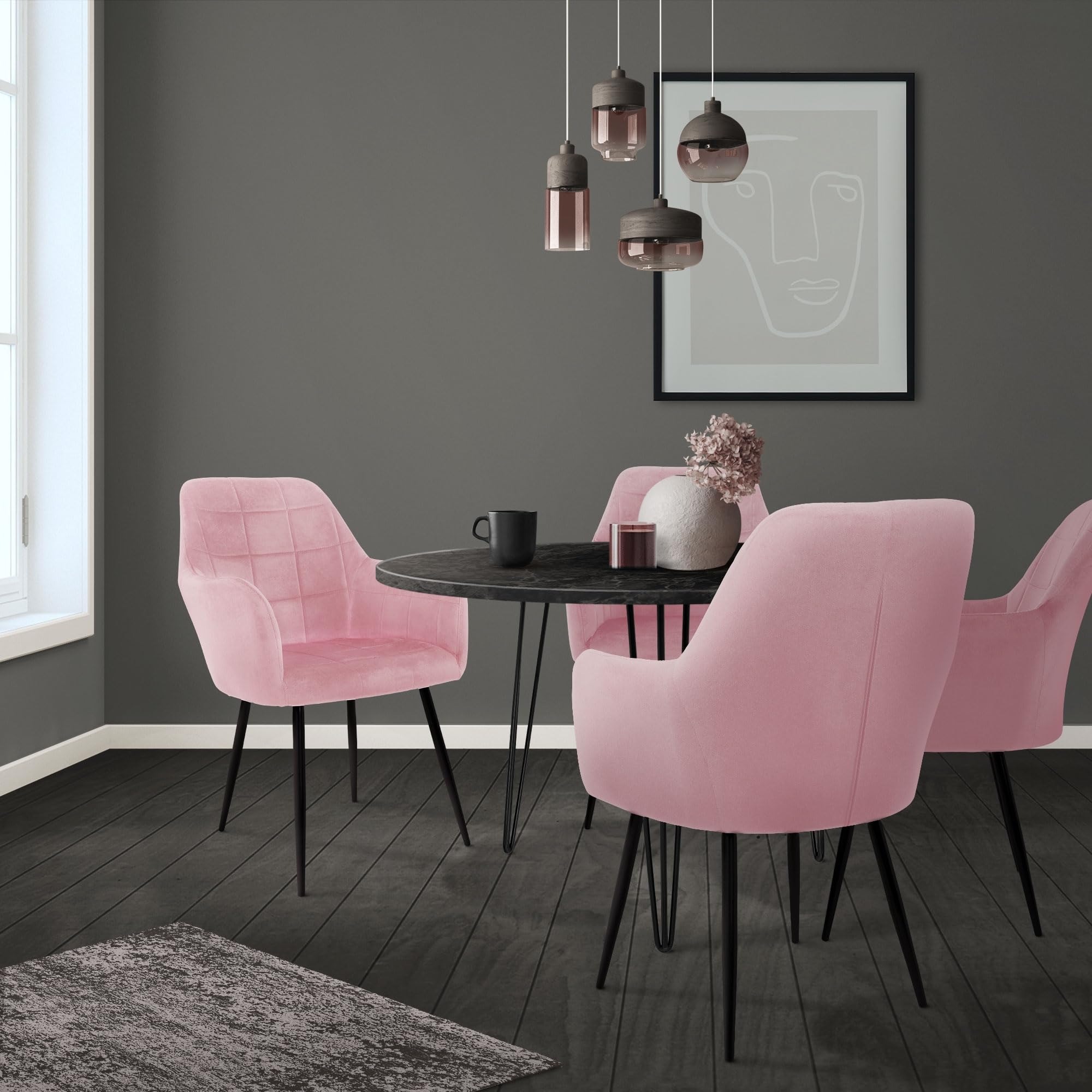 ECD Germany Lot de 2 Chaises de Salle à Manger Cuisine Salon Séjour - Rose - Assise Siège Rembourrée en Velours Structure en Métal Fauteuil Rétro avec Accoudoirs pour Bureau Réception Meuble Maison