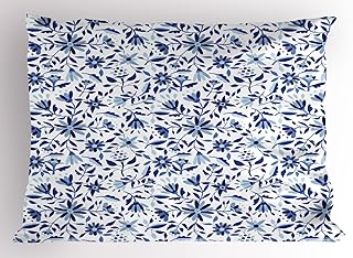 Ambesonne Indigo Pillow Sham Set of 2, Modern Minimalist Spring Time Flowers Swirls Leaves Image, Quality Microfiber Bedding Item for All Seasons, 30