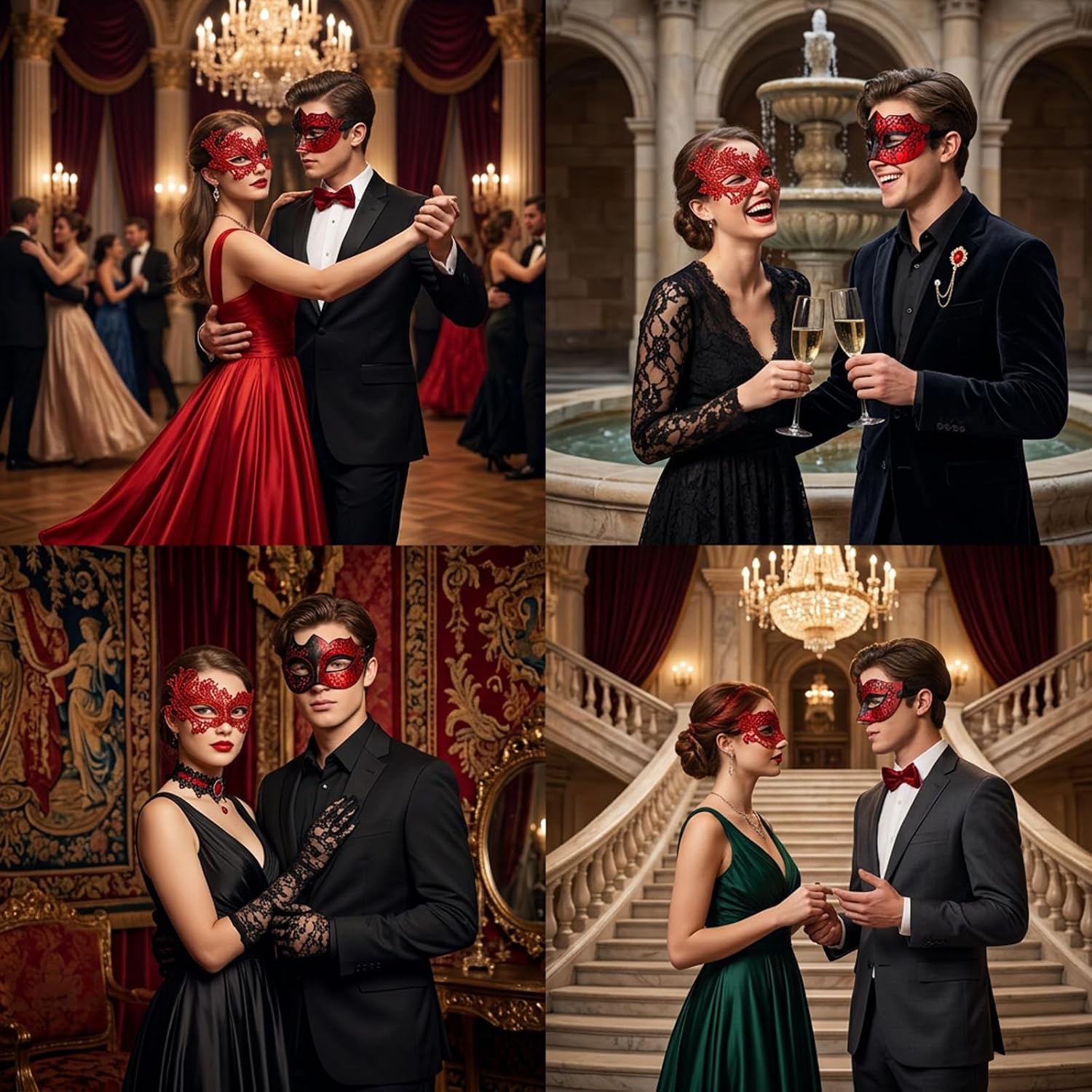 Red Masquerade Mask 6-Piece Set, Couple Masquerade Masks
