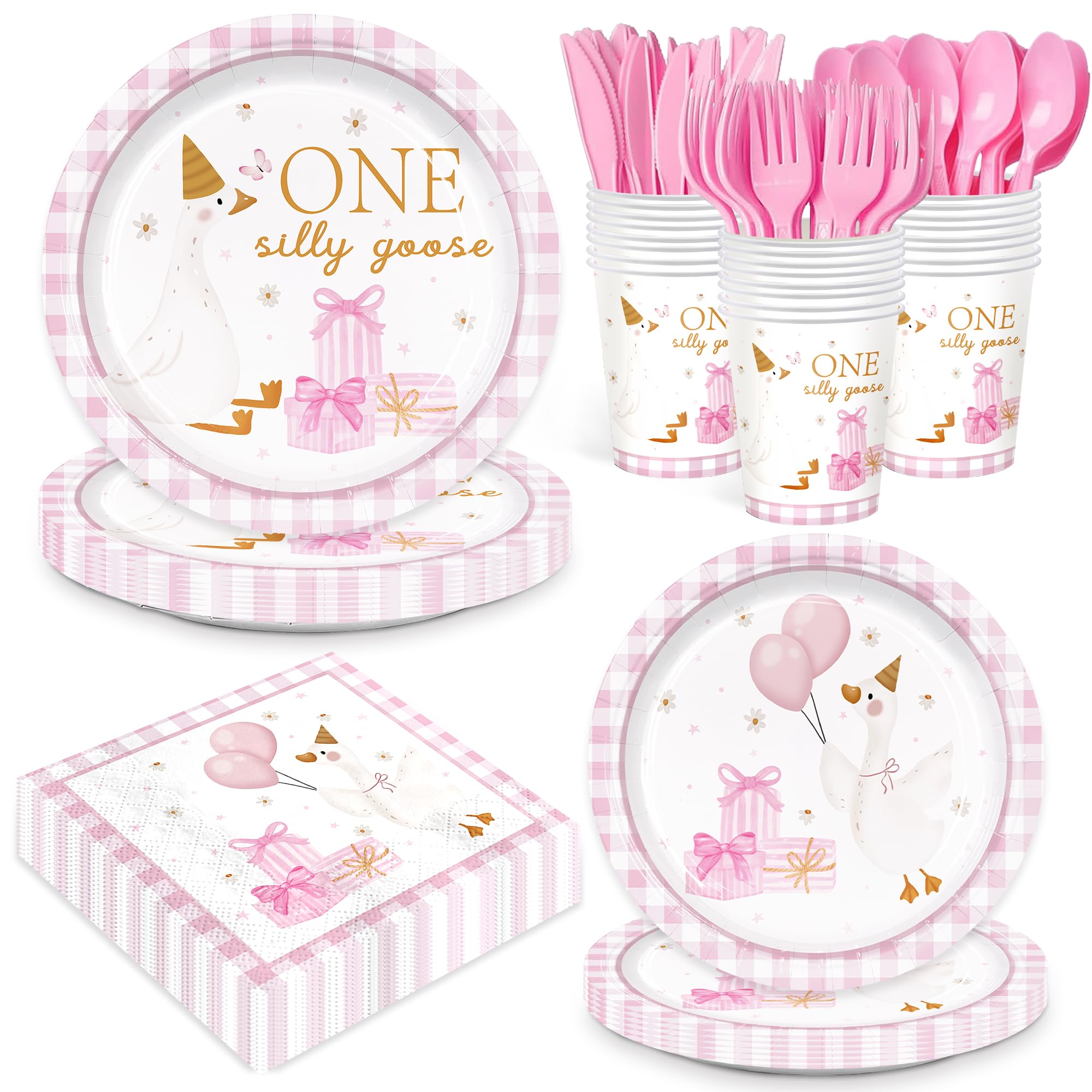 168pcs One Silly Goose Party Supplies Paper Plates Napkins Cups Goose Theme Disposable Tableware Set Silly Goose Birthday Party Decorations for Girls