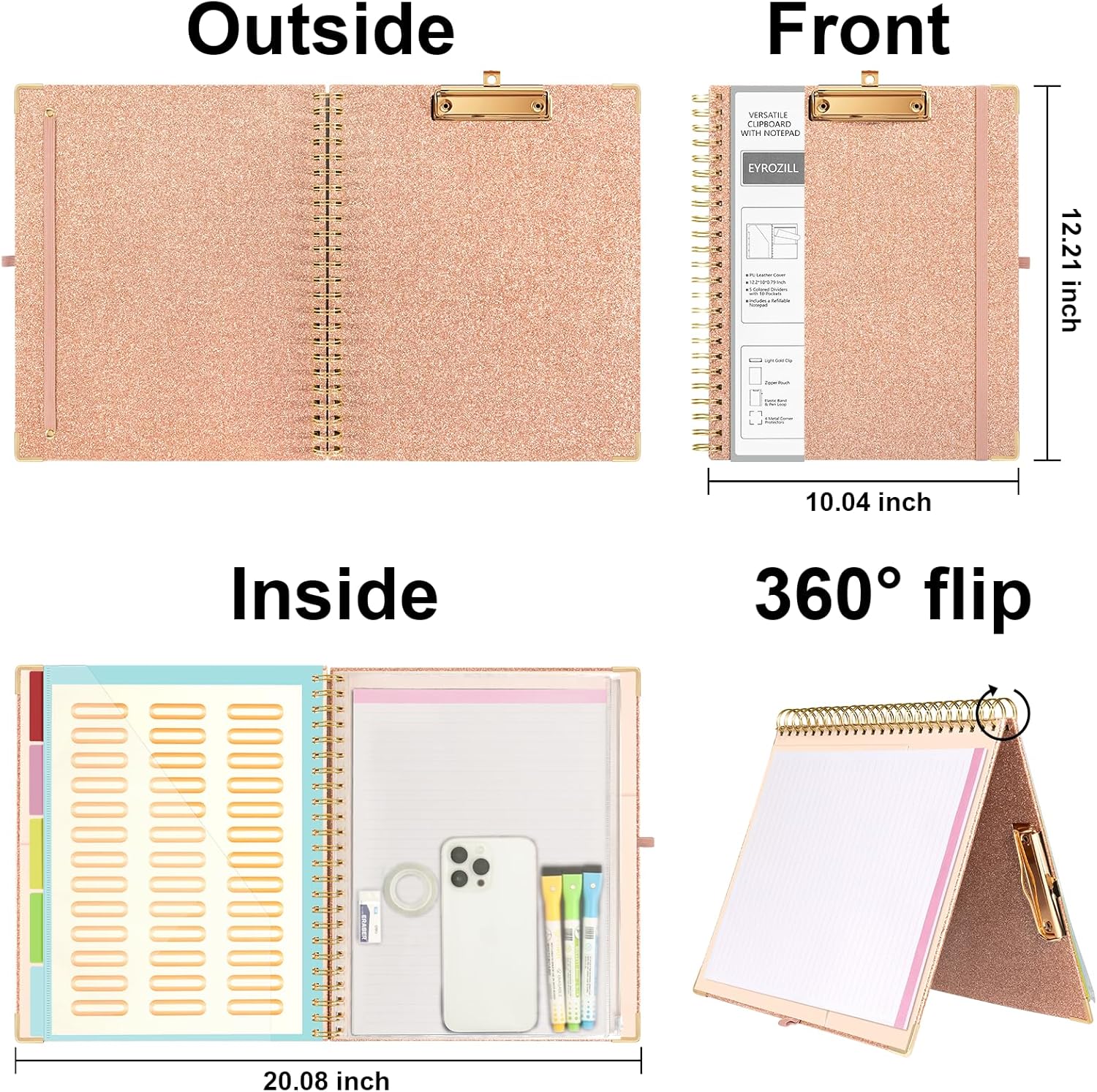 EYROZILL Clipboard Folio with Refillable Lined Notepad for Letter Size 8.5 x 11, 5 Extra Folders with Storage 10 Pockets, File Folder Labels, Rose Gold Clipboards - Image 2