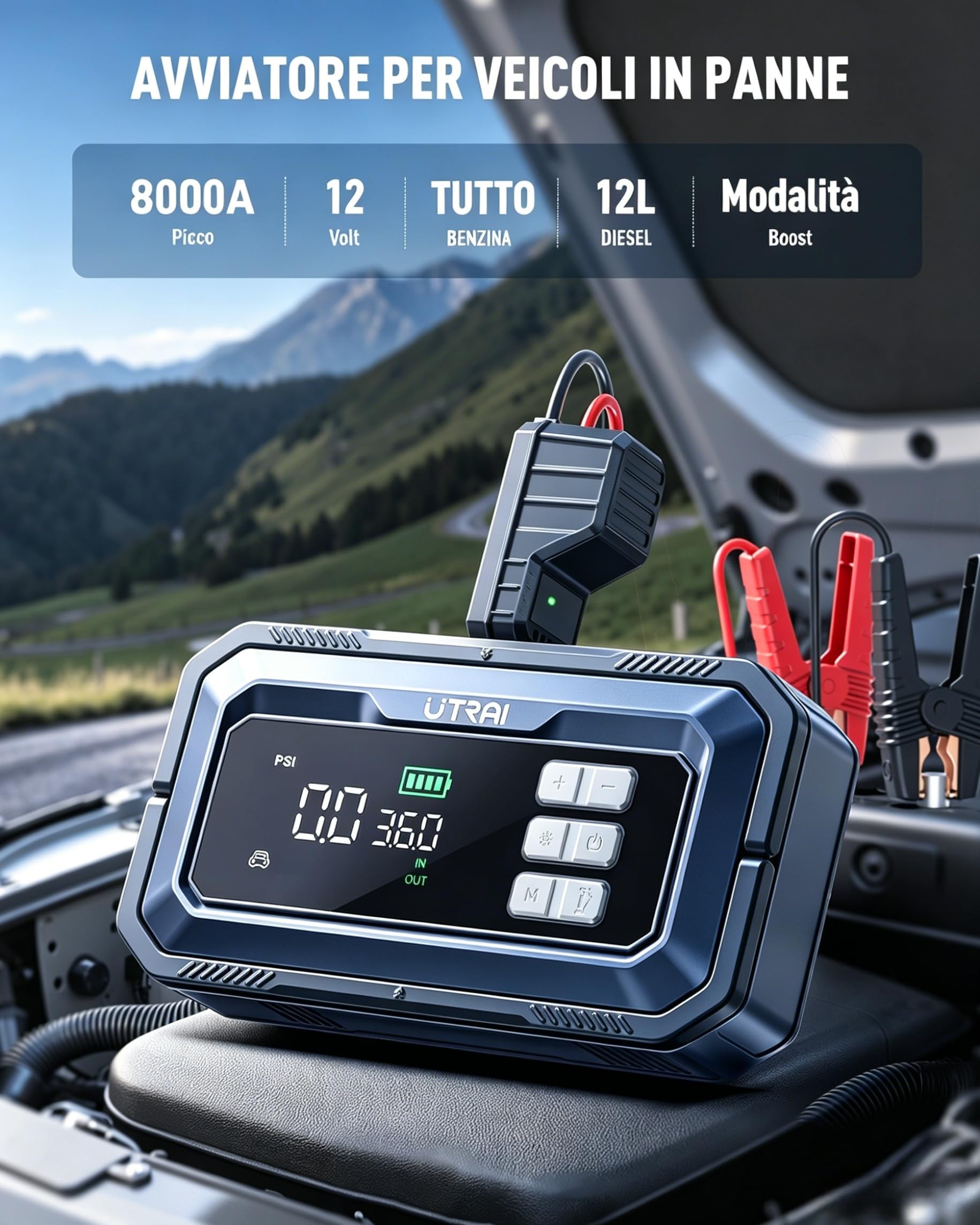 UTRAI 14-IN-1 Avviatore di Emergenza con Compressore, 8000A 150PSI Booster Avviamento Auto, Diagnosi OBD II, DC160W (Tutti Gas/12L Diesel), 12V Starter Batteria Auto con LED Torcia, 18W Power Bank