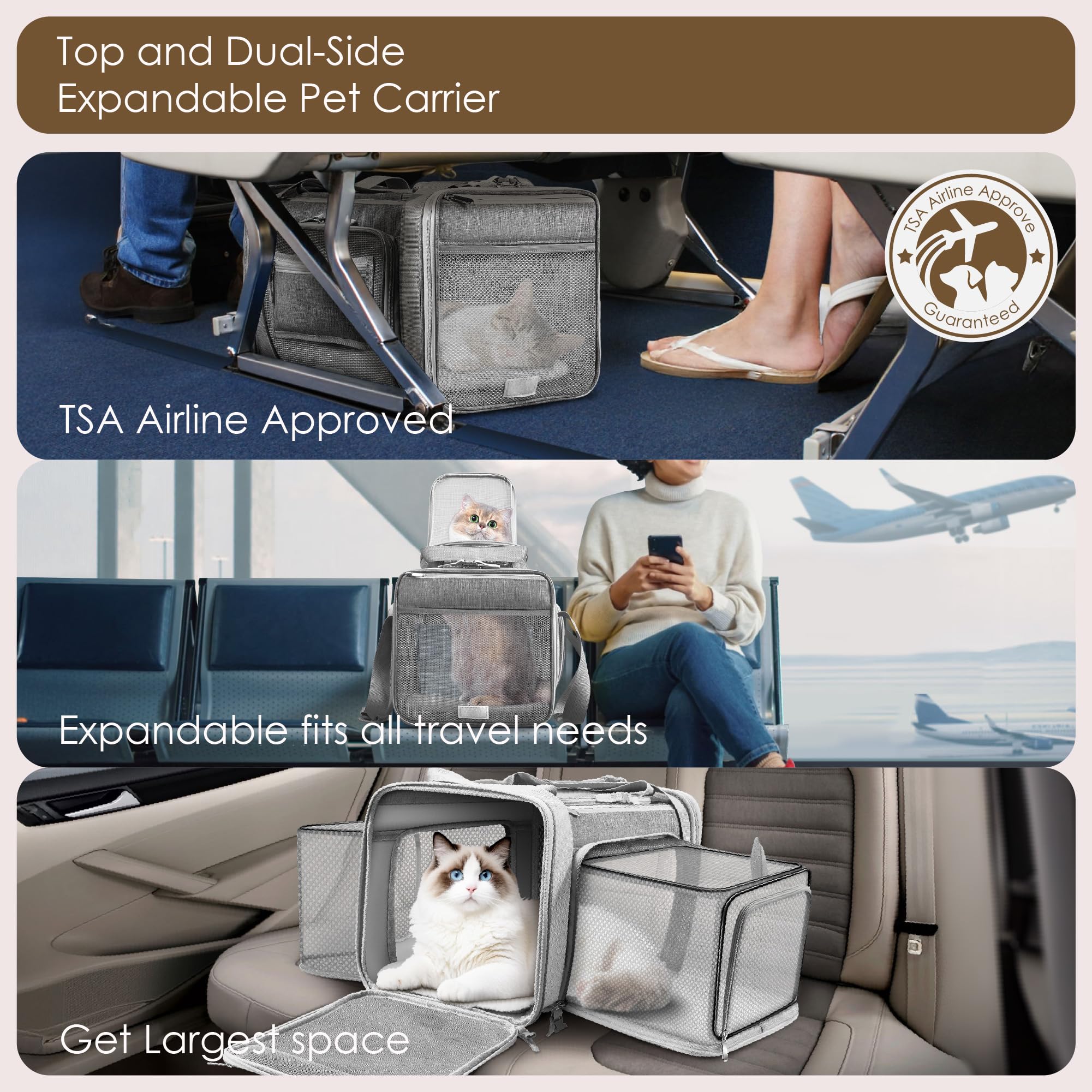 Top and 2 Sides Expandable Pet Carrier 17x11x9.5, TSA Airline Approved Small Dog Carrier for Small Dogs, Soft Side Cat Carrier with Self-Locking Zippers for Kitten,Rabbit, Puppy, Guinea Pig Grey