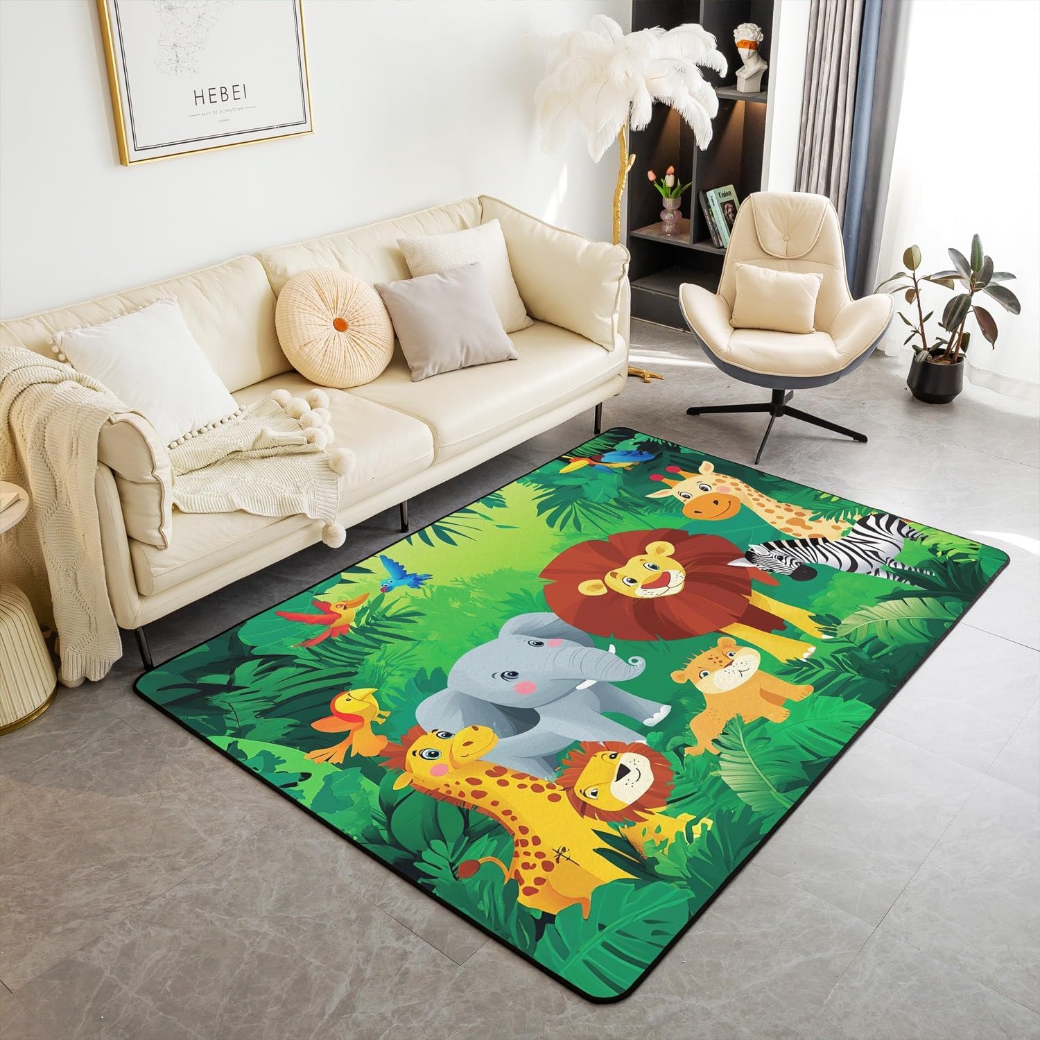 Erosebridal Kawaii Elephant Area Rug 3x5, Cartoon Animals Lion Giraffe Non Slip Carpet, Green Yellow Wildlife Monkeys Indoor Floor Mat for Living Room Bedroom, Kids Boys Trees Decorative Accent Rug