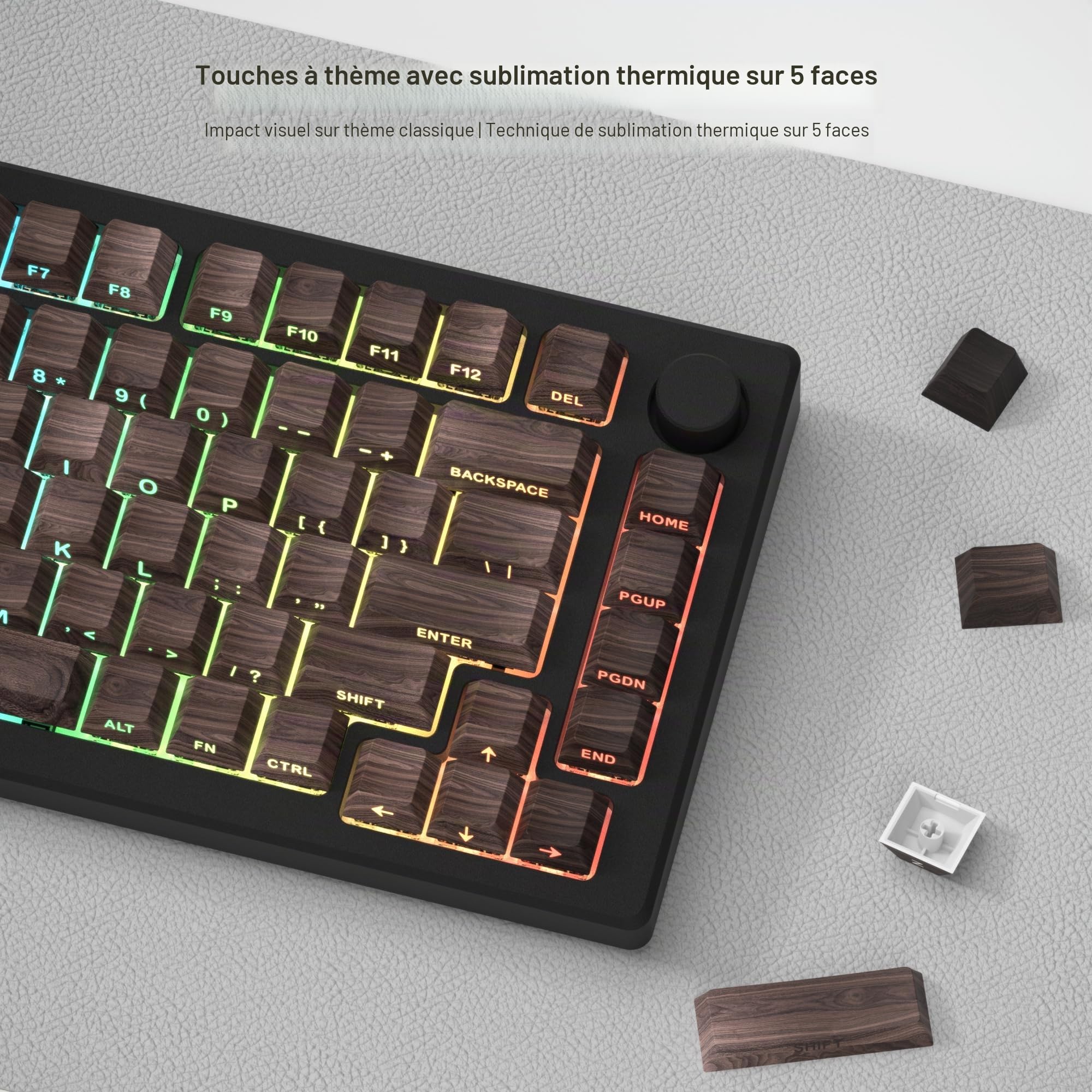 PBT Keycaps, 135 touches Cherry Profile Shine Through Custom Keycaps, impression latérale ANSI US Double Shot pour clavier mécanique, textures noyer