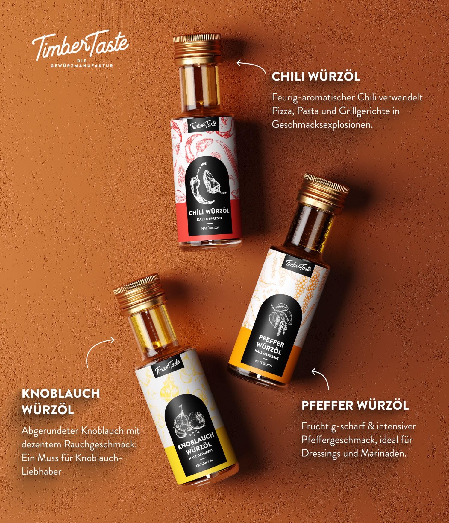 TIMBER TASTE® Öl Geschenkset für Männer RUSTIKAL - 3 erlesene Speiseöle 3x100ml - Premium Öl Set Geschenk Set