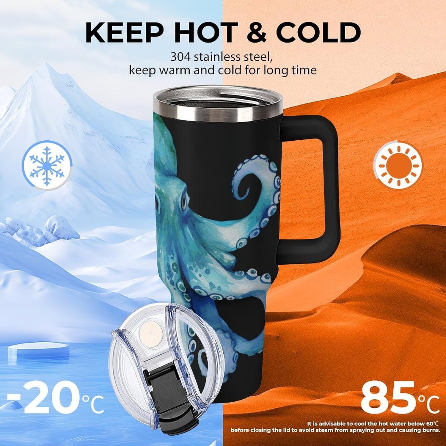 40 Oz Blue Watercolor Octopus Tumbler with Handle And Straw, Stainless Steel Vacuum Travel Coffee Mug Insulated Water Bottle Leak-proof Large Capacity Car Cup Gifts, Cupholder Friendly