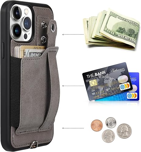 Miniatura 4 de TOOVREN Funda de teléfono para iPhone 15 Pro con tarjetero y correa para el cuello, funda de piel sintética para iPhone 15 Pro, con cordón para