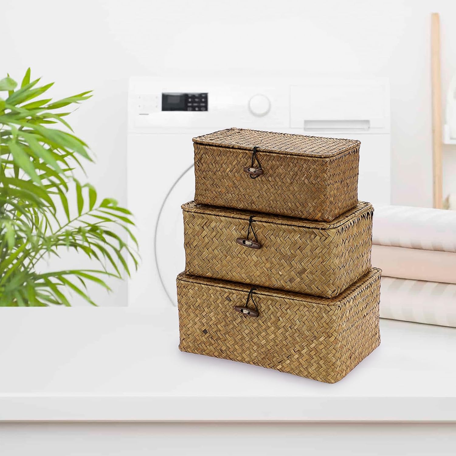 Wicker Basket With Lid - Rectangular Lidded Basket Box Natural Seagrass Storage Baskets Woven Decorative Basket Bin for Shelf Home Decor,Caramel Color,Set of 3