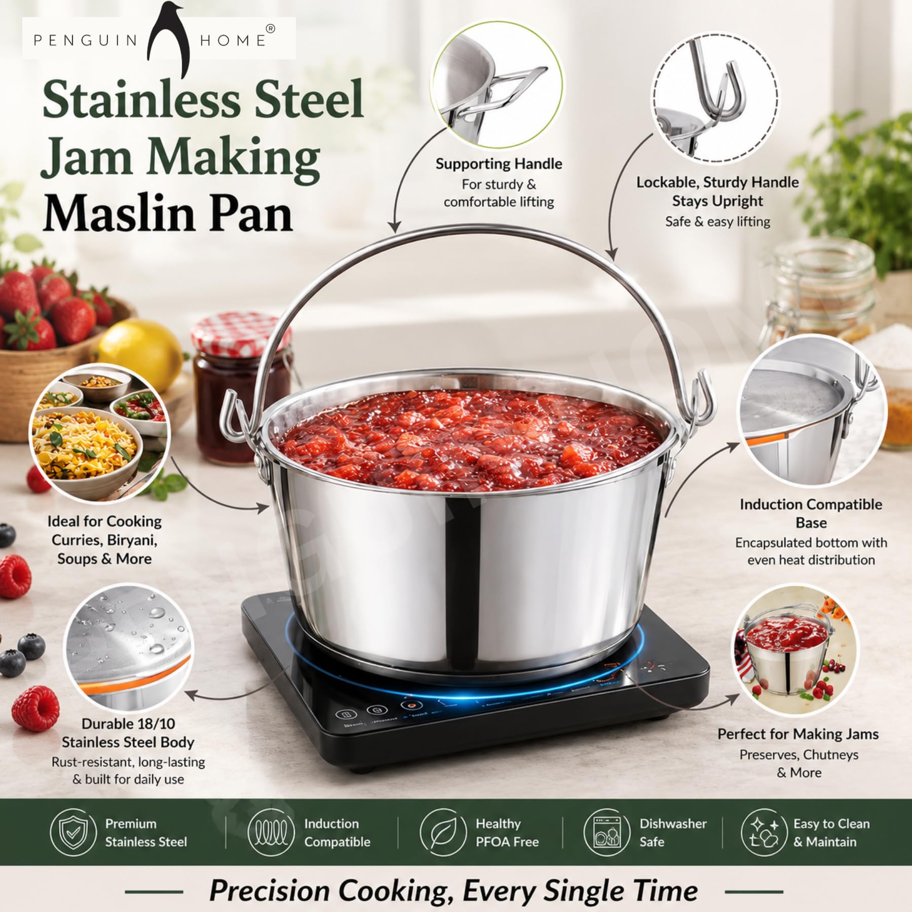 Penguin Home Professional Poêle à confiture/Maslin - Capacité de 8.5 litres - Acier inoxydable - Compatible avec toutes les plaques de cuisson - Diamètre 30,5 cm