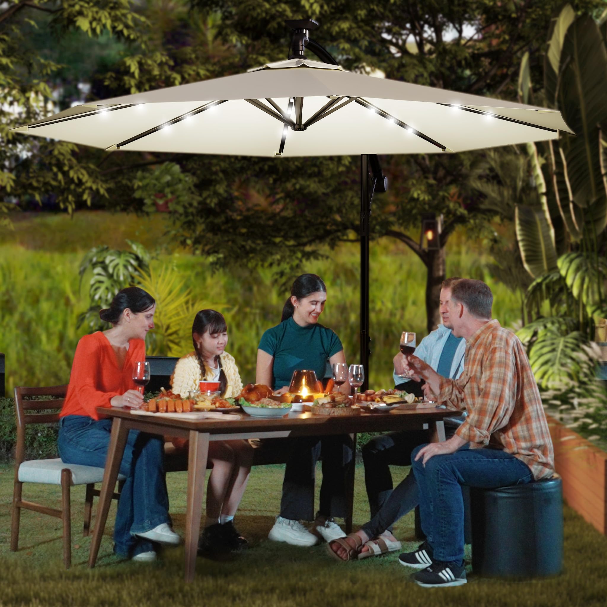 Aufun Ombrelloni in alluminio 300 cm con protezione solare a LED bianchi protezione UV 40+ - ombrellone balcone ombrellone da giardino regolabile in altezza (beige con LED solare)