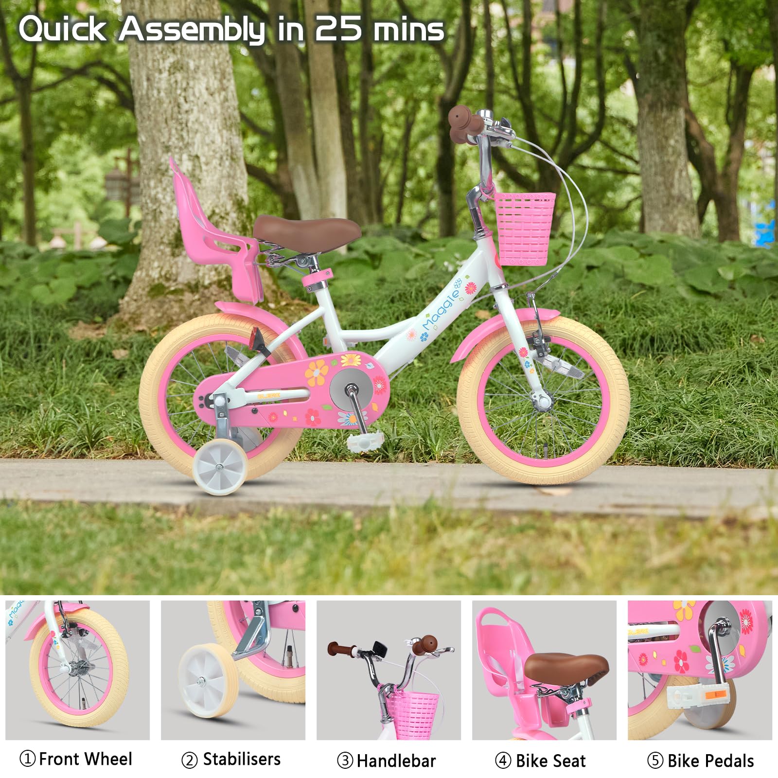 Glerc Maggie 14 Zoll Mädchen Fahrrad Alter 2 3 4 5 6 7 Jahre, Kinder und Kleinkinder Prinzessin Fahrrad Barbie Fahrräder mit Puppe-Sitz & Korb & Stützräder für Geschenk, Weiß