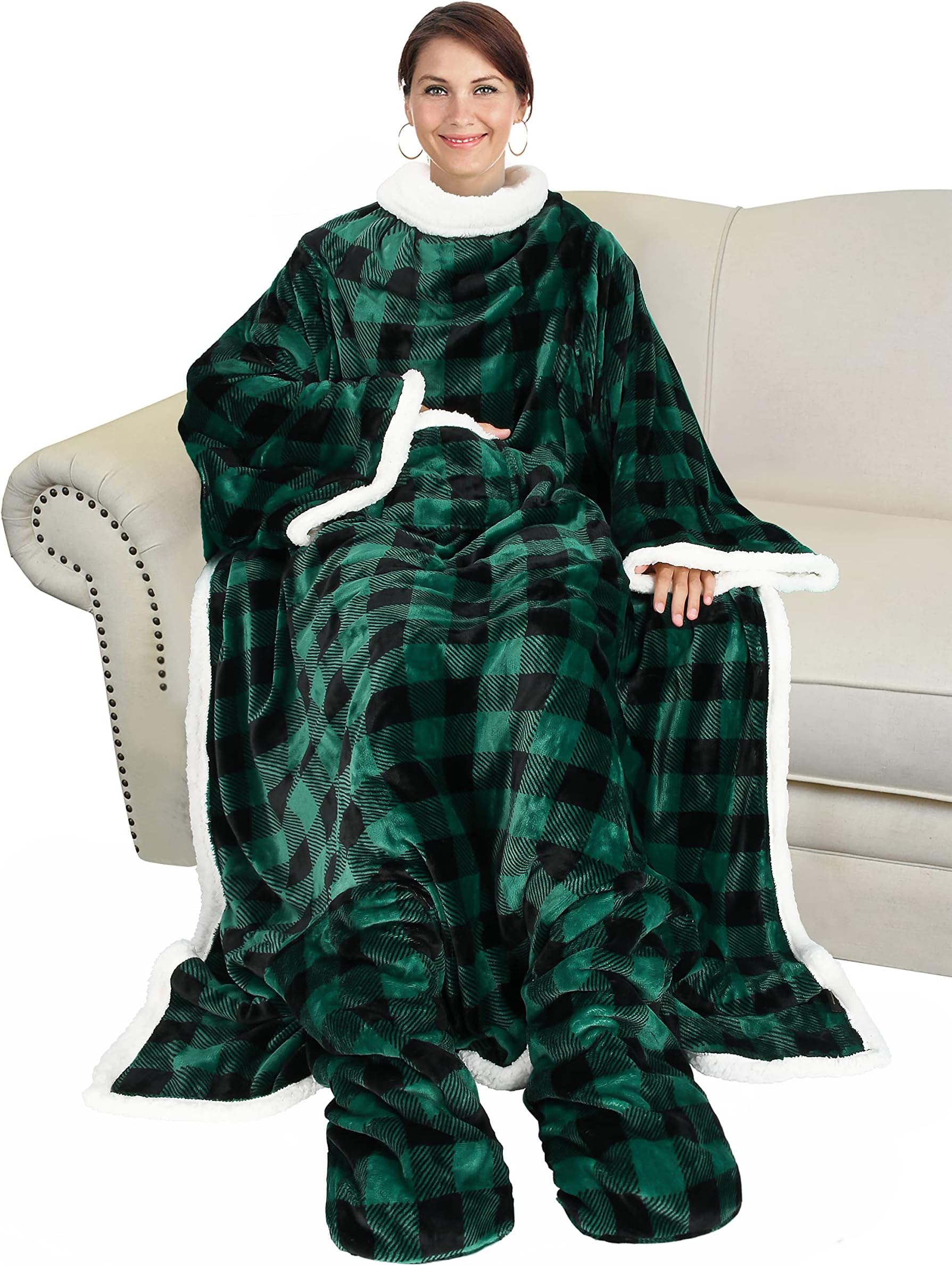 Sherpa Wearable Blanket with Sleeves & Foot Pockets for Adult Women Men, Comfy Snuggly Wrap Sleeved Throw Blanket Robe, Gift Idea, Plaid Green, St. Patrick Gift