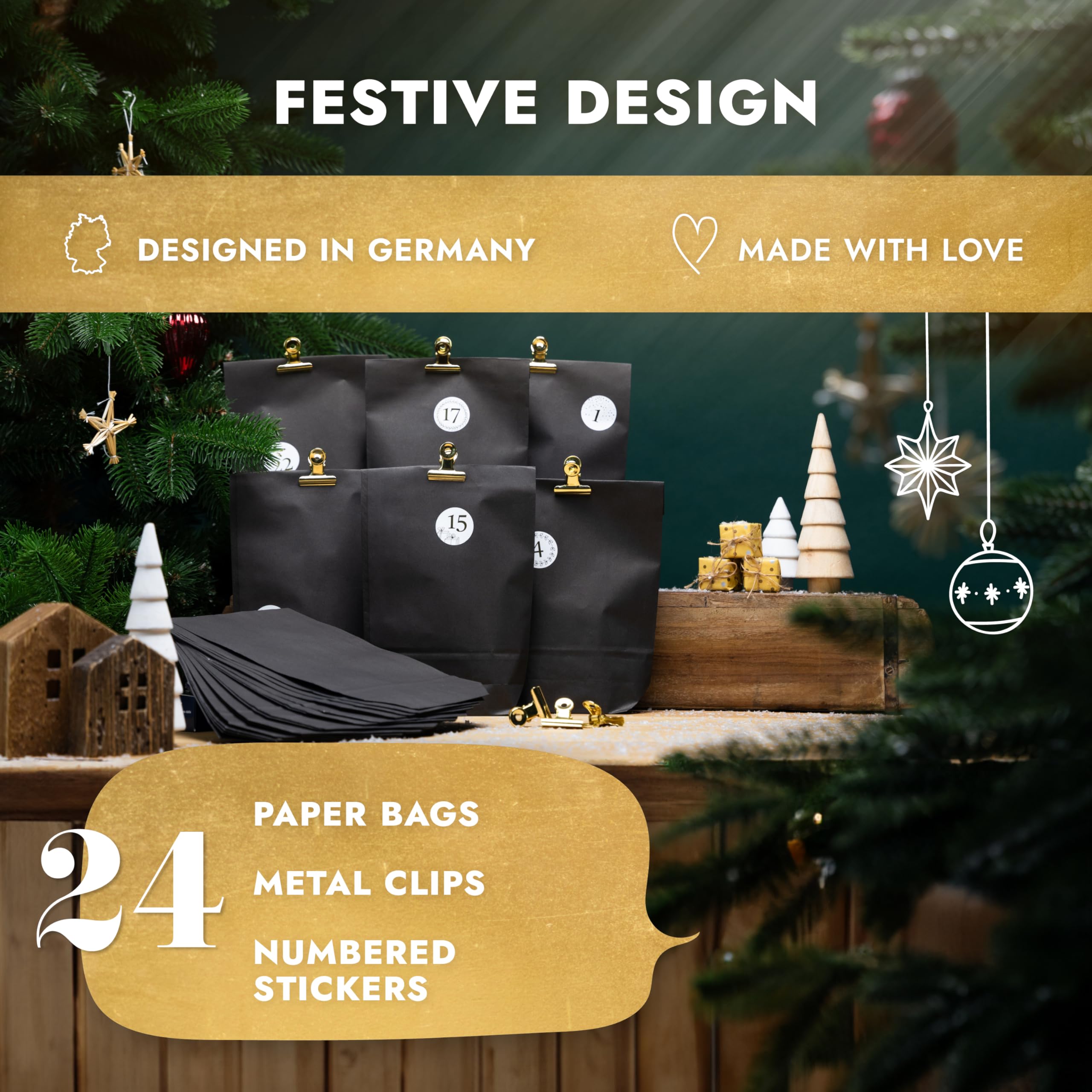 AMARI ยฎ Advent calendar to fill Premium Black, 24 Advent bags diy (with metal clips), Paper bags with numbers sticker - Image 2