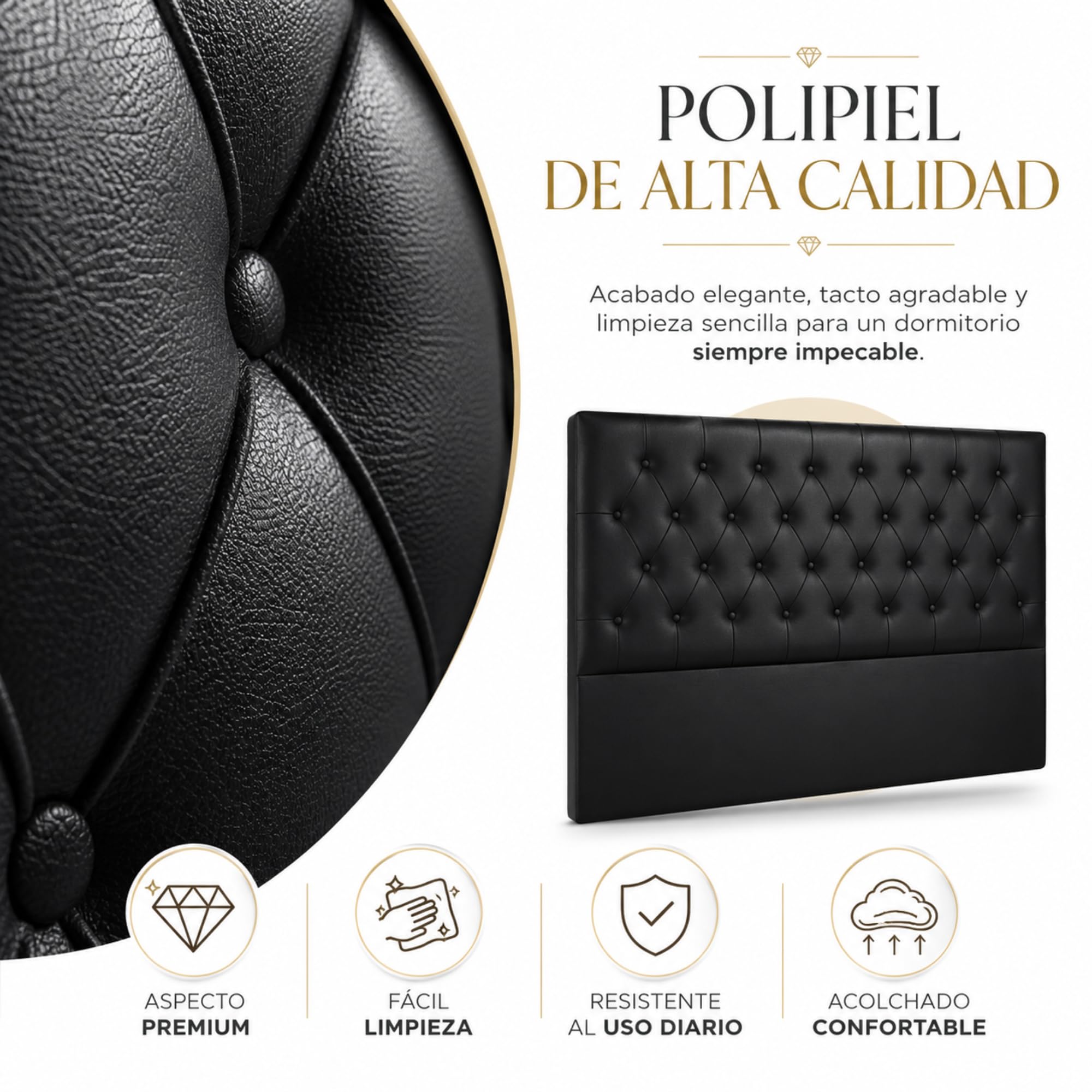 FISIO Dreams Cabecero Delux ROMBO Tapizado en Polipiel para Cama 90, 105, 135, 150, 160, 180 y 200 cm | Diseño Capitoné Chesterfield | Cabecero Acolchado Fabricado en España