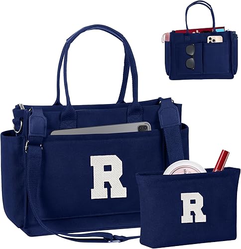 Miniatura 98 de Easter Basket Stuffers, Initial Tote Bag with Makeup Bag, Birthday Gifts for Women, Teen Girl Gifts Trendy Stuff Beige,Negro