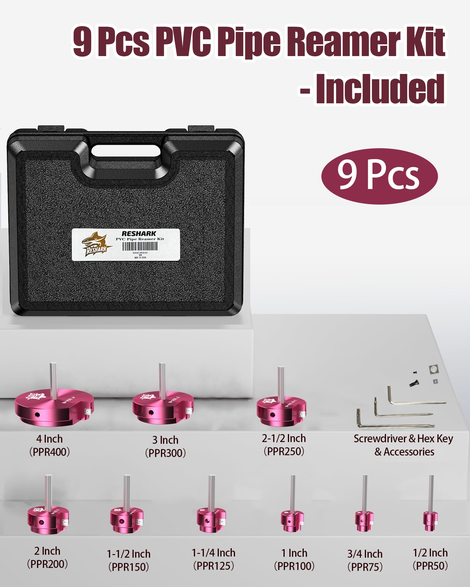 Kit de 9 escariadores de tubos de PVC, protector de montaje de PVC, herramienta de fontanería de plástico que incluye 1/2, 3/4, 1, 1 1/4, 1 1/2, 2, 2 1/2, 3, 4 pulgadas para taladro estándar de 1/2