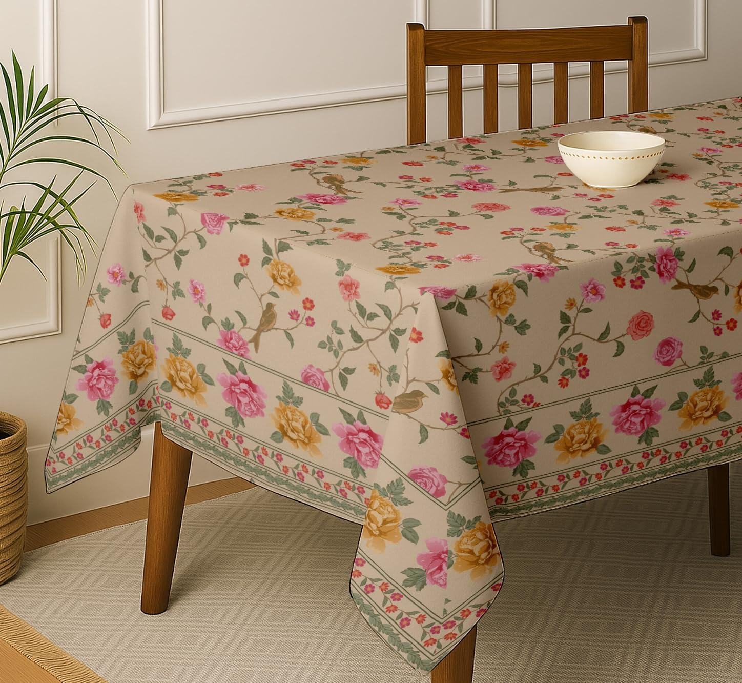 Floral Design Tablecloth- Beige 60x60 Inch Cotton Twill Dining Table Cover, Perfect for 4 Seater Tables, Durable, Protective & Washable, Ideal for Everyday Use, Festive Occasions & Gathering