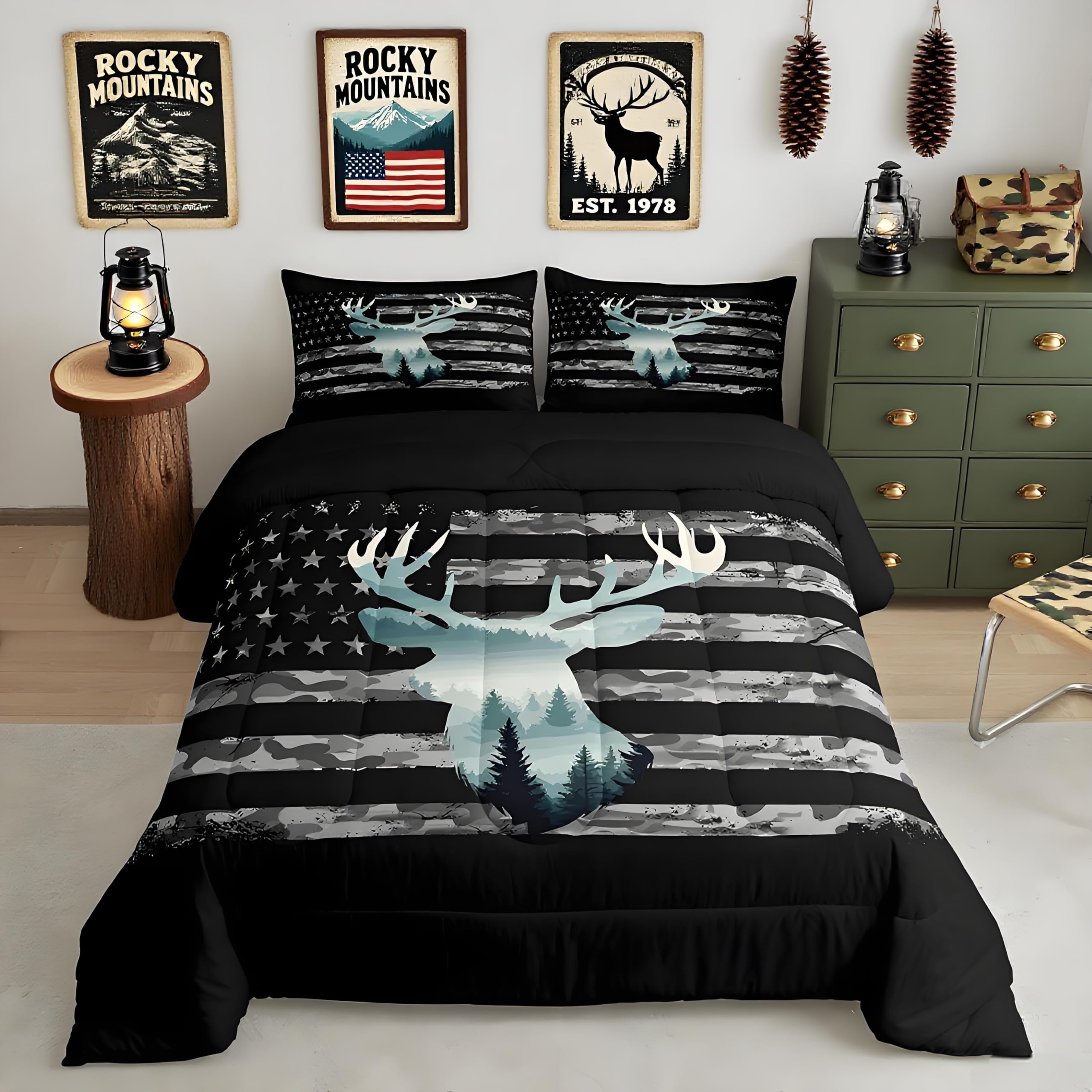 Feelyou Camo Hunting Bedding Set - Twin Size, Forest Smoky Deer Comforter, American Flag Duvet Set with 1 Pillow Case