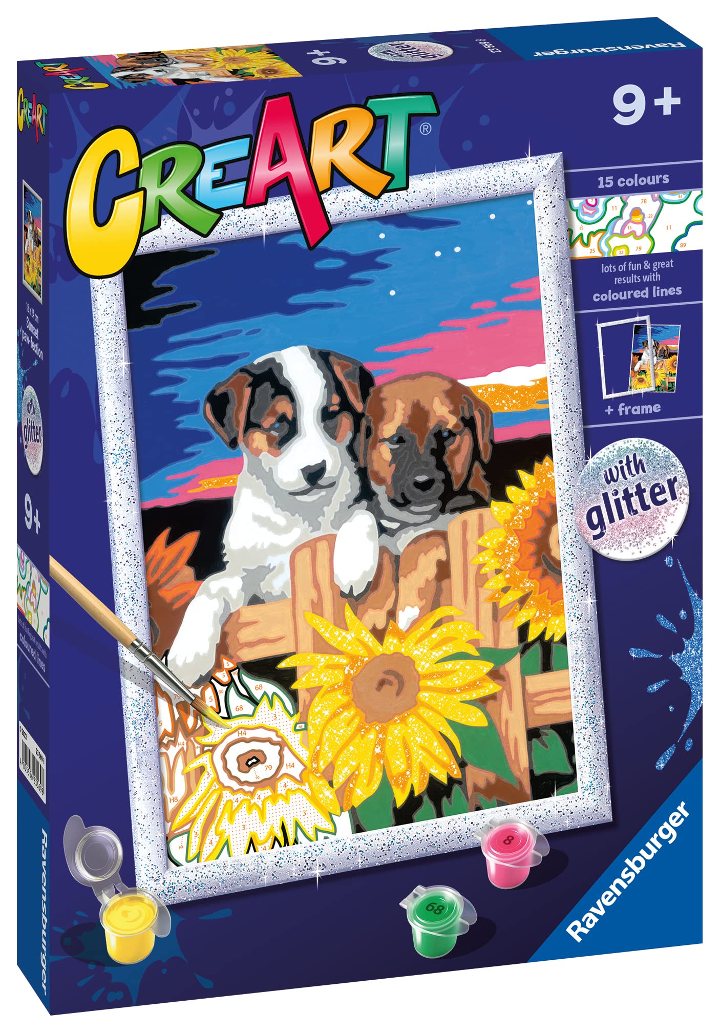 Ravensburger - CreArt Cagnolini Con Girasoli, Kit dipingere bambini 9+ anni