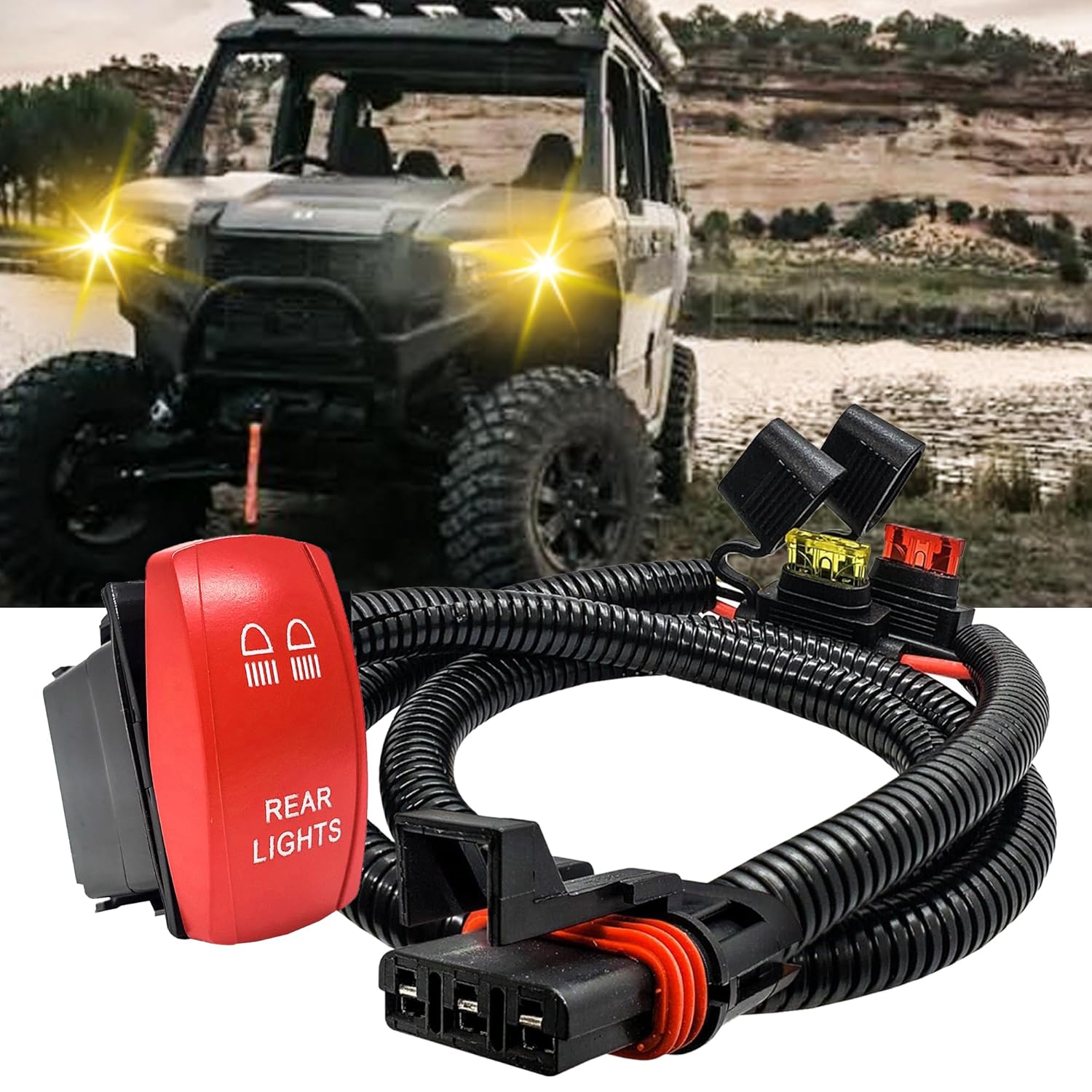 6' Power Bus Bar Plug Wire Harness with On/Off Red Rocker Switch for Rear Chase Lights Compatible with 2024 Polaris Xpedition XP ADV Ultimate Northstar Premium