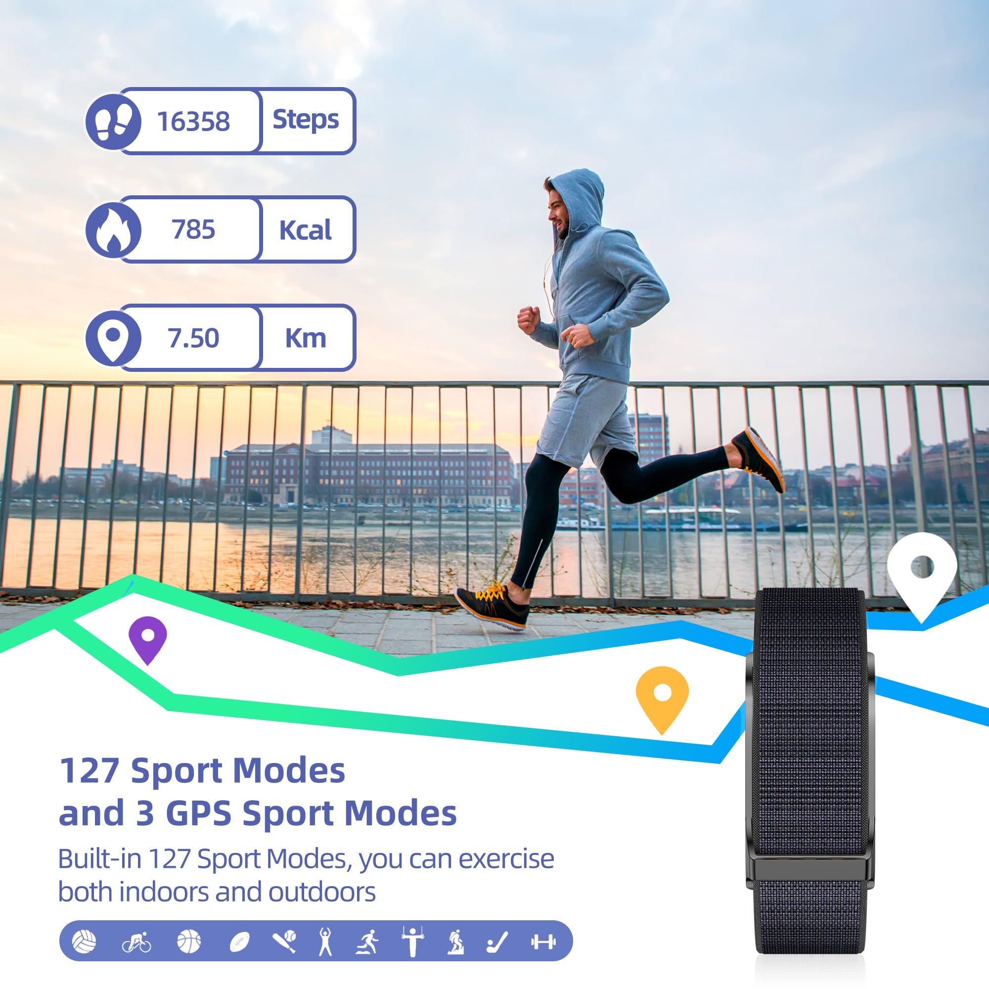 Orologio contapassi con 170+ modalità sportive,Monitoraggio Del Sonno Della Frequenza Cardiaca e Dell'attività,Fitness tracker 60 giorni di standby IP68 cardiofrequenzimetro da polso tracciamento GPS