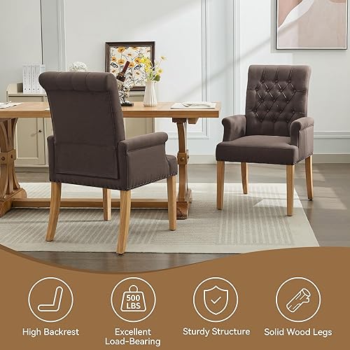 Miniatura 5 de Silla de comedor de tela con brazos, sillas de comedor tapizadas con respaldo alto copetudo, sillón decorativo con patas de madera maciza y ribete