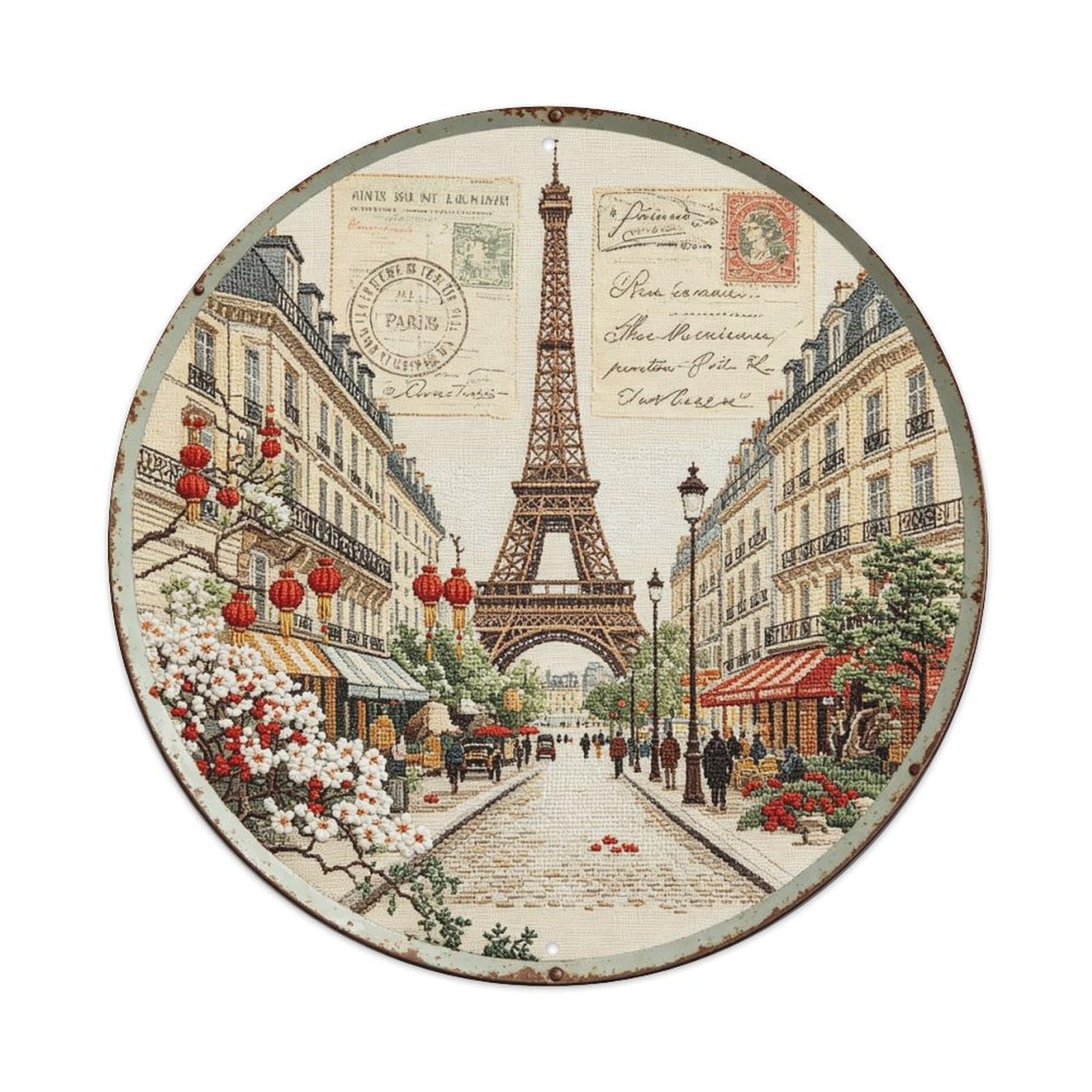 Vintage Paris Postcard Embroidery Metal Tin Sign Plaque