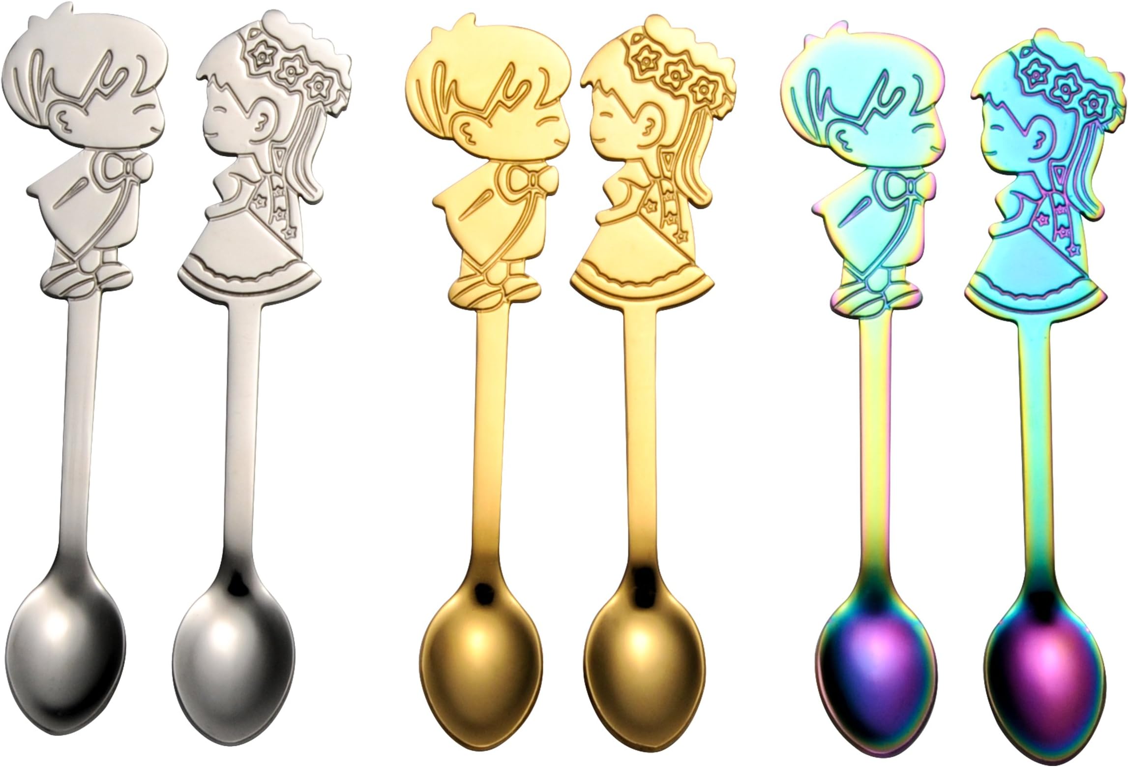 6PCS Coffee Spoon 18/10 Stainless Steel. Cute Couple Cartoon Bistro Demitasse Espresso Spoon Teaspoon Dessert Sugar Soup Ice cream Cocktail Mixing Stir Spoon Tableware Flatware Gadgets
