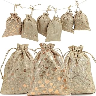 24 Fillable Advent Calendar Bags 2024 Empty Hessian Christmas Sacks, Reusable Gold Bag to Sew mit 1-24 Stickers, Hanging Cloth Drawstring Bags for DIY Present Chocolates Sweets and Toys, 6 x 8 inch